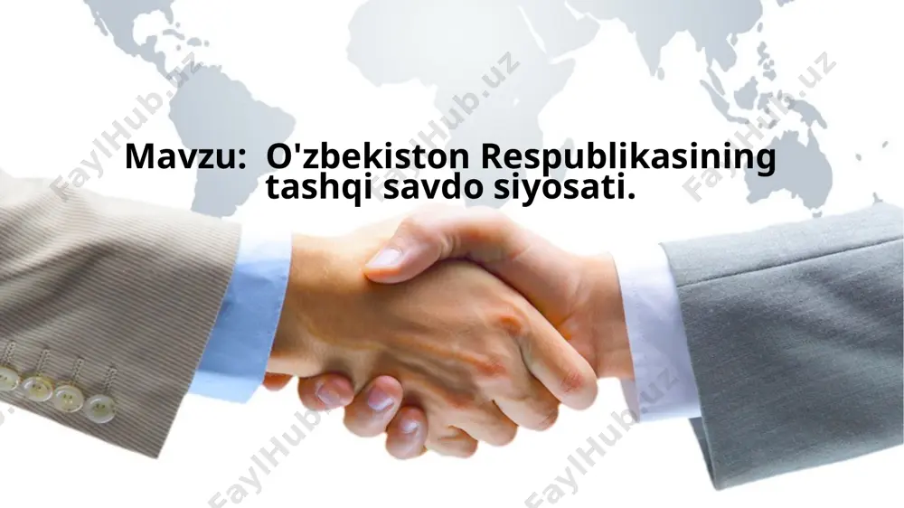 yuqori kuchlanishli agregatlar, maishiy elektr asboblari, tibbiyot va qurilish hamda to‘qimachilik va tikuvchilikka oid qimmatbaho mahsulotlarni ishlab chiqarish kuchayadi. ayniqsa, mamlakatimizda yetishtirilgan meva va sabzavotlar eksportini kuchaytirish zarur. yana bir muhim vazifalardan biri - bu dehqon va fermer xo‘jaliklarga tashqi bozorda barqaror xaridorlarni topishdir. ishlab chiqarishning rivojlanishiga hamohang ko‘plab mahsulotlarning, jumladan, yoqilg‘i, oziq-ovqat va xalq iste’moli buyumlarining importi qisqarmoqda. umumiy importning 3/4 qismini texnik va ishlab chiqarish jihozlari hamda asbob-uskunalar tashkil qiladi. bu mamlakat iqtisodiyotining rivojlanish istiqbollariga aynan mos keladi. o‘zbekistonda 4200 dan ortiq xorijiy korxona faoliyat ko‘rsatmoqda. endilikda o‘zbekiston jahon banki, osiyo taraqqiyot banki, islom taraqqiyot banki, opec xalqaro rivojlanish jamg‘armasi, saudiya taraqqiyot jamg‘armasi kabi xalqaro moliyaviy tashkilotlar bilan yaqin hamkorlik qilmoqda. xalqaro moliyaviy tashkilotlar bilan hamkorlik qilib, mamlakat ishlab chiqarish kuchlarini modernizatsiya qilish va yangilash uchun chet el sarmoyasini kiritish shakli investitsiya deb ataladi. mamlakat taraqqiyotini jadallashtirish uchun investitsiyalarni yanada ko‘proq jalb etish maqsadga muvofiq bo‘ladi. tashqi iqtisodiy …