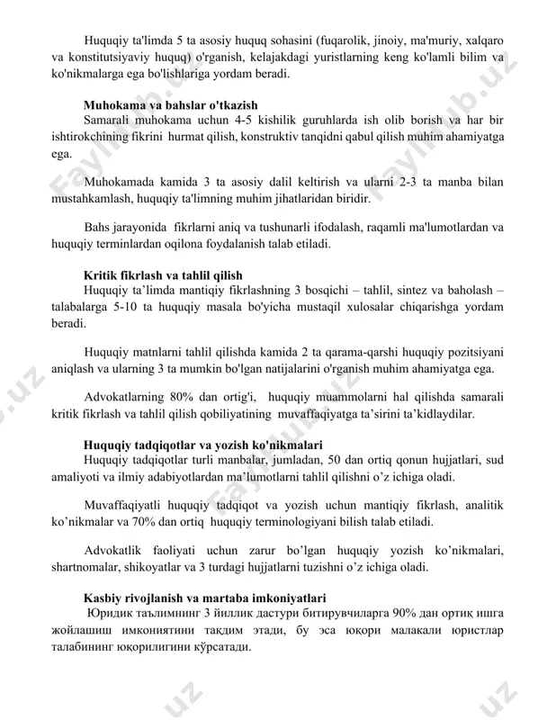 muhokama uchun 4-5 kishilik guruhlarda ish olib borish va har bir ishtirokchining fikrini hurmat qilish, konstruktiv tanqidni qabul qilish muhim ahamiyatga ega. muhokamada kamida 3 ta asosiy dalil keltirish va ularni 2-3 ta manba bilan mustahkamlash, huquqiy ta'limning muhim jihatlaridan biridir. bahs jarayonida fikrlarni aniq va tushunarli ifodalash, raqamli ma'lumotlardan va huquqiy terminlardan oqilona foydalanish talab etiladi. kritik fikrlash va tahlil qilish huquqiy ta’limda mantiqiy fikrlashning 3 bosqichi – tahlil, sintez va baholash – talabalarga 5-10 ta huquqiy masala bo'yicha mustaqil xulosalar chiqarishga yordam beradi. huquqiy matnlarni tahlil qilishda kamida 2 ta qarama-qarshi huquqiy pozitsiyani aniqlash va ularning 3 ta mumkin bo'lgan natijalarini o'rganish muhim ahamiyatga ega. advokatlarning 80% dan ortig'i, huquqiy muammolarni hal qilishda samarali kritik fikrlash va tahlil qilish qobiliyatining muvaffaqiyatga ta’sirini ta’kidlaydilar. huquqiy tadqiqotlar va yozish ko'nikmalari huquqiy tadqiqotlar turli manbalar, jumladan, 50 dan ortiq qonun hujjatlari, sud amaliyoti va ilmiy adabiyotlardan ma’lumotlarni tahlil qilishni o’z ichiga …