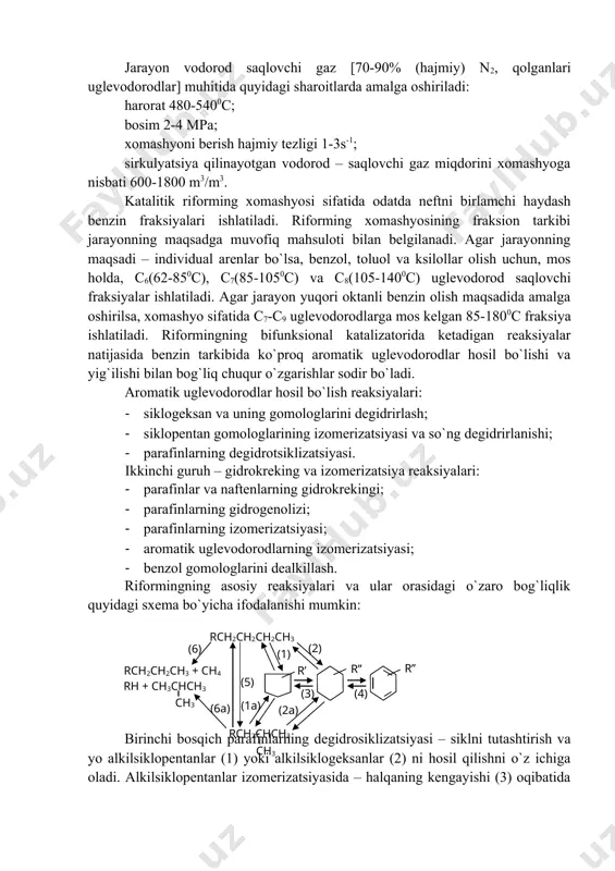 kilsiklogeksanlar hosil bo`ladi. o`zgarishlarning oxirgi fazasi – alkilsiklogeksanlarning aromatik uglevodorod hosil qilib degidrirlanishidir. normal parafinlar izomerlanadi (5) va izoparafinlarning keyingi o`zgarishlari normal parafinlarnikiga o`xshab analogik holda amalga oshadi. parafinlar degidrotsiklizatsiyasida reaksiyaga kirishgan 1 mol xomashyoga nisbatan 4 mol vodorod hosil bo`ladi. parafinlar o`zgarishining boshqa yo`li (6) – nordon markazlarda karboniy – ion bo`yicha afzalroq propan va butanlar hosil qilib kreking va katalizatorning metall markazlarida afzalroq metan hosil qilib parchalanish (gidrogenoliz)i dir. naften va parafin uglevodorodlardan aromatik uglevodorodlar hosil bo`lishiga olib keluvchi riformingning eng muhim reaksiyalari issiqlik yutilishi bilan ketadi. gidrokreking va gidrogenoliz reaksiyalari ekzotermik, parafin va naftenlarning izomerizatsiyalari 0 ga yaqin issiqlik effektiga ega. 32-jadval uglevodorodlarning detonatsiyaga turg`unligi uglevodorodlar oktan soni 1,6 g/l teq li "boy" aralashma sortligi motor usuli izlanish usuli, teq qo`shil-magan teq qo`shil-magan 1,6 g/l teq li 1 2 3 4 5 alkanlar butan 92 - 94 150 izobutan (2-metilpropan) 99 - 101 160 pentan 62 83 …