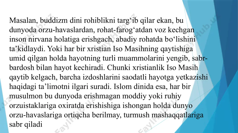 qiqat, din ishonmoq tuyg‘usidir. ishonmoq tuyg‘usi insoniyatning eng teran va ruhiy-ma’naviy ehtiyojlaridandir. din - iymon (arabcha ishonmoq, e’tiqod qilmoq), islom ( o‘zini allohga bag‘ishlamoq, itoatgo‘ylik, diniy ko‘rsatmalarni bajarish), degan so‘zlarni ifodalay boshladi. din (arab. – ishonch, ishonmoq) — borliqni yaratuvchi va boshqaruvchi, adolatning yuksak namunasi, moddiy olamga xos bo‘lmagan va ayni vaqtda barkamollikning oliy ko‘rinishi sifatida tushuniluvchi oliy mavjudotga, ya’ni xudoga nisbatan munosabat, tasavvur, urf-odat va marosimlar majmuidir. ibodat obyektlariga ko‘ra – jonivorlarga, ruhlarga, butlarga, turli ilohlarga va allohga sig‘inuvchi diniy ta’limotlar bir-biridan farqlanadi. genezisi va tarqalishiga ko‘ra dinning eng qadimgi milliy va jahon dinlari kabi shakllari mavjud. har bir aniq din o‘ziga xos sig‘inish obyekti va rasm-rusum, ibodat, urf-odat va aqidalarga ega. din va diniy ta’limotlar ilohiyotchilar (ulamolar), ateistlar (dinni inkor etuvchilar) va dinshunoslar tomonidan o‘rganilgan. dinning paydo bo‘lishi to‘g‘risida yagona fikr yo‘q. islom dini ta’limotiga ko‘ra, din – alloh tomonidan o‘z payg‘ambarlari orqali bashariyat olamiga joriy etilajagi zarur …