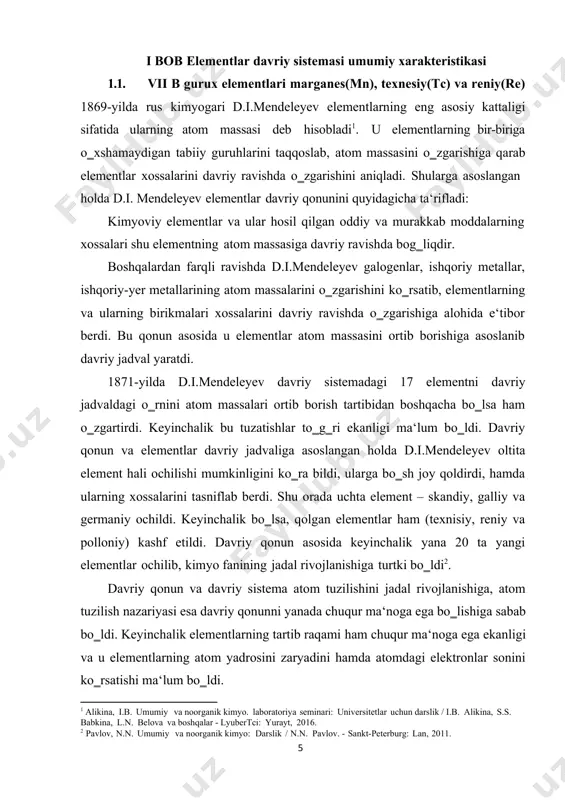 oq ishlatiladi. ba‘zan jadvaldagi lantanoidlar va aktinoidlar jadvalda alohida qatorga joylashtirilib, davriy sistema yarim uzun variantga aylantirilgan. davriy sistemada xossalari o‗xshash elementlar guruhlarga bo‗lingan. elementlar davrlarga ham bo‗lingan bo‗lib davrlar ishqoriy metallardan boshlanib tipik metallmaslar bilan tugallanadi. d.i.mendeleyevning davriy jadvalida yettita davr bo‗lib, faqat birinchi davrda ikkita element joylashtirilgan (vodorod va geliy). qolgan davrlar ishqoriy metallardan boshlanib, inert gaz bilan tugallanadi. 2- va 3- davrlar kichik davrlar hisoblanadi va ularda 8 tadan element joylashgan. 4-, 5-, 6- davrlar bo‗lsa katta davrlar deyiladi. 4- va 5- davrlarda 18 tadan element bor bo‗lgan holda, 6-davrda 32 element joylashtirilgan. oxirgi 7-davr tugallanmagan davr hisoblanib, bu davrda unda hozir 24 ta element keltirilgan. bu davr tugallanishi uchun unga yana 10 ta element yetishmaydi. 3 ershov, yu.a. umumiy kimyo. biofizik kimyo. biogen elementlar kimyosi: darslik / yu.a. ershov, v.a. popkov, a.s. berland. - lyubertci: yurait, 2015. 6-davrdagi elementlar tarkibiga 14 ta element kiritilgan bo‗lib, ular …