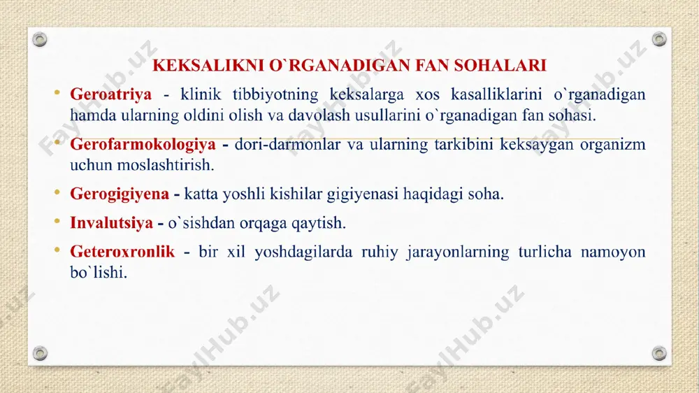 hodisa sifatida 2.keksalik va keksayish nazariyalari 3.keksalikning yosh chegaralari muammosi 4.keksayish davrida bilish jarayonlari mavzu: keksayish va keksalik mavzu: keksayish va keksalik insonning uzoq umr ko‘rishi bevosita undagi biologik va psixologik jarayonlarning kechishiga bog‘liqligi hech kimga sir emas . masalaning mohiyatini biologik jihatdan tahlil qiladigan bo‘lsak , keksalik haqida bir qancha nazariyalar ilgari surilgan . gerontologlarning fikricha , bu modda almashinuvining buzilishi , ya’ni organizmning tashqi muhitga moslashish qobiliyatining susayishidir . keksalik sabablari va inson umrini uzaytirish masalalariga oid qarashlar ilk bor gippokrat , ibn sino, klavdiy galen asarlarida uchraydi . insonning uzoq umr ko‘rishi bevosita undagi biologik va psixologik jarayonlarning kechishiga bog‘liqligi hech kimga sir emas . masalaning mohiyatini biologik jihatdan tahlil qiladigan bo‘lsak , keksalik haqida bir qancha nazariyalar ilgari surilgan . gerontologlarning fikricha , bu modda almashinuvining buzilishi , ya’ni organizmning tashqi muhitga moslashish qobiliyatining susayishidir . keksalik sabablari va inson umrini uzaytirish masalalariga oid qarashlar ilk …