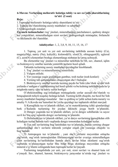 yerlarning meliorativ holatiga tabiiy va suv-xo’jalik sharoitlarining ta’siri — DOCX