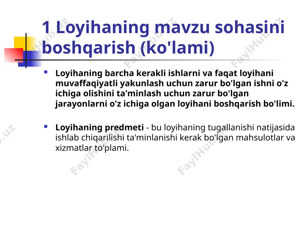 ukturaning har bir quyi darajasi loyihaning yuqori darajasining tafsilotini ifodalaydi. loyiha elementi mahsulot, xizmat yoki ish paketi yoki ish bo'lishi mumkin. wbs ning asosiy turlari : oziq-ovqat funktsional tashkiliy boshqalar (hayot tsikli bosqichlari, shartnomalar, subpudratchilar va boshqalar bo'yicha) aralashgan funktsional wbs misoli ishlar ro'yxatini aniqlash usullari ( ko'lami ) wbs rolling to'lqin usuli ish doirasi bilan korporativ shablonlar manfaatdor tomonlar loyihalari ekspert tekshiruvi dasturlar doirasidagi loyihalar loyiha parchalari kutubxonasi axborot tizimlarida shablonlar rolling to'lqin usuli - ketma-ket ishlab chiqish usulida rejalashtirish turi bo'lib, unda yaqin kelajakda amalga oshiriladigan ishlar wbs (wbs) ning eng quyi darajasida batafsil rejalashtirilgan va uzoq kelajakdagi ishlar yuqoriroq darajada rejalashtirilgan. wbs (wbs) darajasi 2 loyiha vaqtini boshqarish (vaqt/jadvalni boshqarish) loyihaning o'z vaqtida bajarilishini ta'minlash uchun zarur va etarli jarayonlarni o'z ichiga olgan loyihani boshqarish bo'limi. ishlar (operatsiyalar) ketma-ketligini aniqlash sequencing - bu loyiha faoliyati o'rtasidagi munosabatlarni aniqlash va hujjatlashtirish jarayoni. amaliyotlar ketma-ketligini aniqlash mantiqiy munosabatlar yordamida …