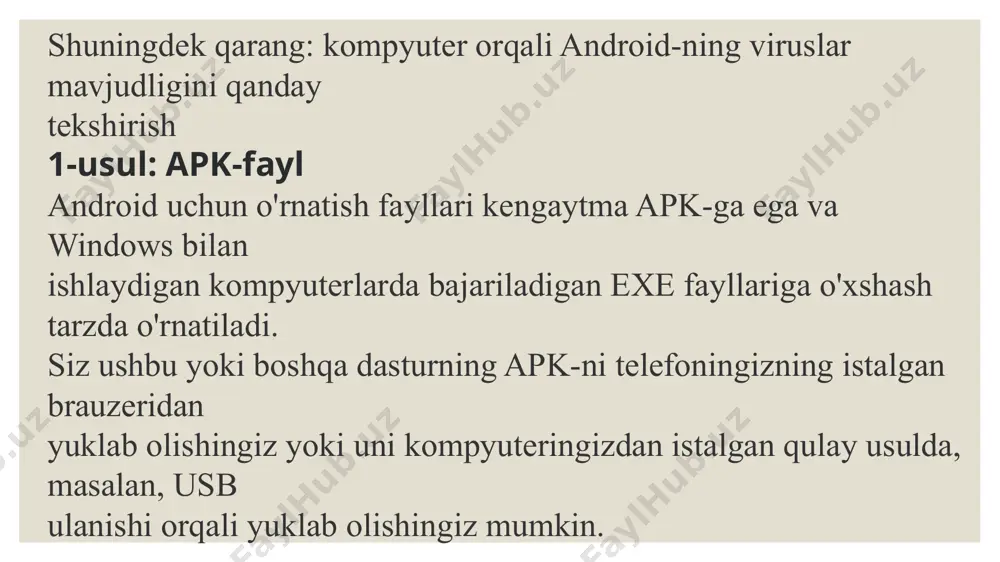 turning apk faylini bosing. 4. ekranning pastki qismida tugmachani bosing o'rnatish. 5. qurilma ba'zi ruxsatnomalarni talab qilishi mumkin. ularni taqdim eting va o'rnatish tugashini kuting image2.jpg /docprops/thumbnail.jpeg