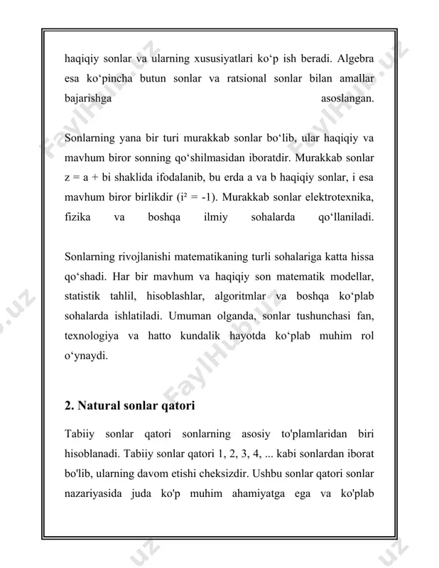 145 sakkizlik sonini o'nli tizimga aylantirsak, 1*64 + 4*8 + 5*1 = 101 o'nli son bo'lib chiqadi. o'n oltilik sanash tizimi bazasi 16 bo'lib, u 0 dan 9 gacha va a dan f gacha bo'lgan belgilarni (a=10, b=11, c=12, d=13, e=14, f=15) o'z ichiga oladi. bu tizim ham kompyuter fanida juda muhim, chunki u ikkilik sonlarni yanada ixchamroq ifodalash imkonini beradi. masalan, 1a3 o'n oltilik sonini o'nli tizimga aylantirsak, 1*256 + 10*16 + 3*1 = 419 o'nli son bo'ladi. yuqoridagi sanash tizimlaridan tashqari, tarixda yana boshqa sanash tizimlari ham mavjud bo'lgan. maslan, qadimgi misr, vavilon, rim sanash tizimlari. misr sanash tizimi hierogliflar orqali ifodalanib, ular oddiy qo'lda yozish bilan bog'liq edi. vavilon sanash tizimi esa 60 asosli bo'lib, u matematik hisob-kitoblar uchun juda qulay bo'lgan. rim sanash tizimi bugungi kungacha rim raqamlarini ko'p joylarda uchrasak bo'ladi. turli sanash tizimlarini o'rganish matematik ma'lumotlarni tushunish va ular ustida ishlashda katta ahamiyatga ega. …