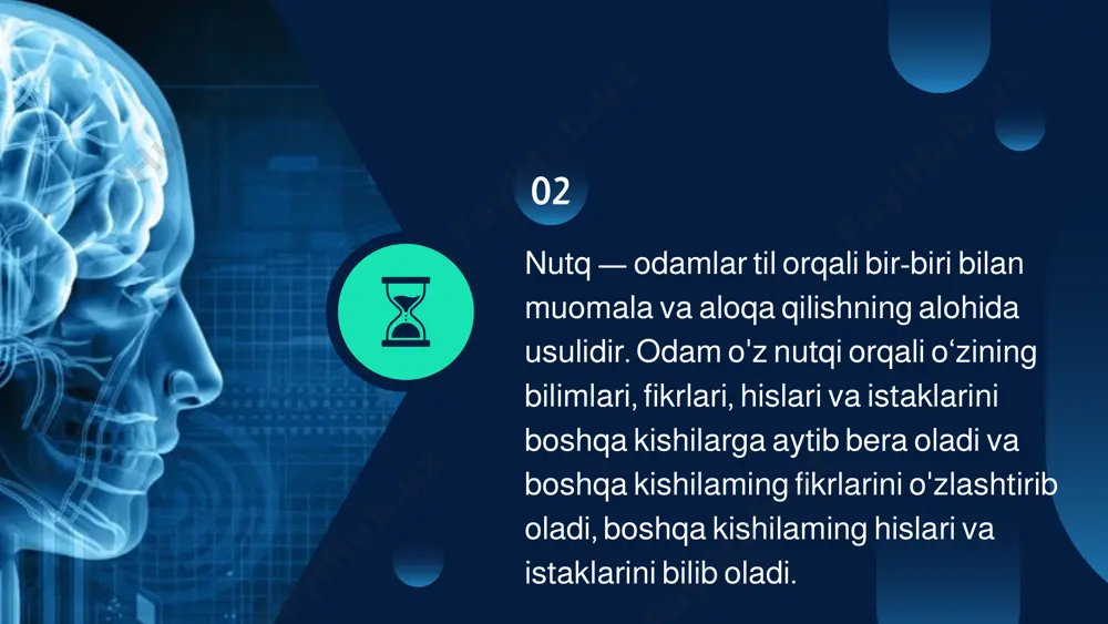 g faol nutqini o‘zicha takrorlagandek bo‘ladi. masalan, o'qituvchi darsni tushuntirib berayotganida, o‘quvchilar esa uning darsini eshitayotganlarida o'qituvchining nutqi faol nutq boladi, o‘quvchilarning shu nutqni idrok qilish, ya’ni tushunish jarayoni esa passiv nutq bo‘ladi. nutqning 0 ‘sishi bolalar, odatda, ikki yoshga o‘tganida, o‘rta hisobda o‘n yetti-o‘n sakkiz oylik bolganida faol nutqni egallay boshlaydilar. bolaning nutqi egallash vaqtigacha boigan davrni va shu davrdagi o‘sib borish vaqtini uning tili chiqmagan davri yoki til chiqmagan bosqich deb aytiladi. bolaning o‘sishidagi bu davr nutqni egallashga tayyorgarlik davri boladi. odamlarning o‘zaro aloqalarida ulaming nutqlari turli ma’nolarda yoki funksiyalarda namoyon boladi. nutqning asosiy vazifasi, demak, uning asosiy funksiyasi odamlarning bir-birlari bilan aloqa qilish vositasi bo'lishdir. bu aloqa asosan odamlarning o‘z fikrlarini bir-birlariga aytishlaridan iborat boladi. aloqa jarayonida fikrlar nutq yordamida shakllanadi, ifo? dalanadi, aytiladi va tushunib olinadi. shu bilan birga mana shu aloqa jarayonida nutq ifodalash vositasi bo‘lib, biror nima bildirish vositasi bo‘lib, ta’sir o‘tkazish vositasi bo‘hb …