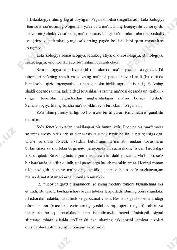 di. boshka signal sistemalaridagi ishoralar esa (masalan, svetoforning yashil, sariq., qizil ranglari) tabiat va jamiyatda boshqa masalalarda xam ishlatilmaydi, rangni ifodalaydi, signal sistemasi ishora sifatida qo’llanishi esa ularning ikkilamchi jamiyat a‘zolari orasida shartlashib, kelishib olingan vazifasidir. ma‘lumki, so’zning moddiy qobigi (tomoni) tushunchaning ishorasi deb karaladi. bu urinda suzning ma‘nosini xam tushunchaning ishorasi deb bo’ladimi? yo’q., albatta. chunki, so’zning ma‘nosi so’z va predmetning birgalikda aks etishidir: so’zning ma‘nosi, tushunchani ifodalamaydi, balki tushunchaning tashkil topishida va rivojlanishidaasos sifatida vositachi xizmatini o’taydi. insonga xos bo’lgan ikkinchi signal sistemasi unga fikrlash jarayonining tarkibiy qismi bo’lmish tushunchalar sistemasini yaratish imkonini beradi. ma‘lumki,ongning bir qismi bo’lgan tafakkur, borliqning faqat mantiliy in‘iqosi bo’lmay, balki narsa va xodisalarni emokional estetik nuqtai nazardan xam aks ettiradi, boshqacha qilib aytganda, odamlarning muloqot uchun tanlagan suzlari tarkibida munosabatlari ham ishtirok etadi, shuning uchun tushuncha tarkibida emosional ma‘noning bo’lishi tabiiydir. tarkibida bunday ma‘nolari bo’lmagan tushunchalar xam bo’ladi, ularga leksema, atom, kosmos, algoritm …