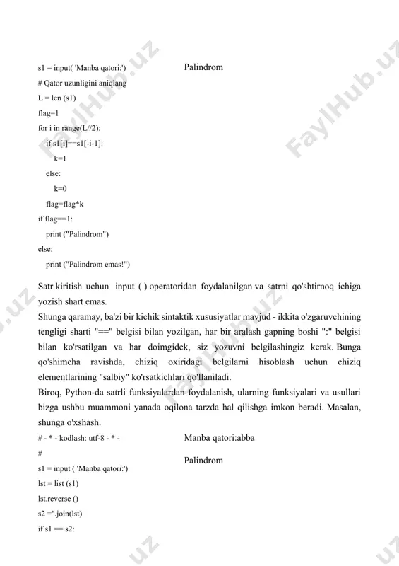 boshlanishidan oldin aniqlanishi kerak, chunki noma'lum qiymat 0 ga aylanishi mumkin va dastur ishga tushmasdan oldin tugaydi. va keyin raqamlar siklga kiritiladi va har bir yangi qabul qilingan raqam 0 bilan taqqoslanadi (har bir raqam kiritilgandan so'ng, shart tekshiruvi kuzatiladi). while takrorlanuvchiidagi operatsiyalar va tekshirishlar tartibi to'g'ri natijaga erishish uchun muhim bo'lishi mumkin. python-dagi dastur matni muhim xususiyatlarga ega emas. o'qish qulayligi uchun dastur sharh belgisini ishlatgan holda "bloklar" ga bo'linadi. # - * - kodlash: utf-8 - * - # sp = 0 sn = 0 # son = int(input ( 'keyingi raqam:')) # while son != 0: if son>0: sp = sp + son else: sn = sn + son son = int(input ( ' keyingi raqam :')) # print ('musbat sonlar yig`indisi: ', sp) print ('manfiy sonlar yig`indisi: ', sn) keyingi raqam:4 keyingi raqam :5 keyingi raqam :-2 keyingi raqam :-4 keyingi raqam :7 keyingi raqam :1 …