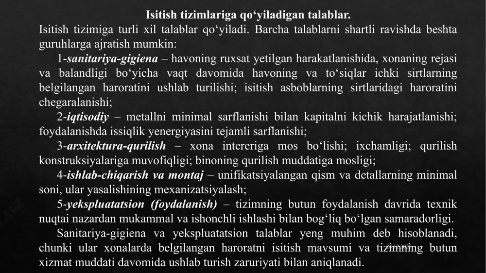 k tashuvchisini isitish tizimlariga qo‘yiladigan talablarni bajarish uchun muhim bo‘lgan ko‘rsatkichlari bo‘yicha taqqoslab ko‘raylik. 03.02.2025 isitish tizimlari bir necha belgilarga ko‘ra sinflanadi: issiqlik manbaining isitilayotgan xonalar (binolar)ga nisbatan joylashuviga ko‘ra: markaziy yoki mahalliy. markaziy isitish tizimlarida isitilayotgan xonalar(binolar) tashqarisida joylashgan bitta issiqlik punkti (qozonxona yoki iem) orqali bir necha xonalar yoki binolar isitiladi. bunday tizimlarda issiqlik xonalar tashqarisida hosil qilinib, so‘ngra issiqlik tashuvchi yordamida quvurlar orqali binoning har bir xonasiga uzatiladi. mahalliy isitish tizimlarida isitish tizimining asosiy konstruktiv yelementlarining barchasi (issiqlik manbai, issilik tashuvchi quvurlar) bevosita isitilayotgan xonaning o‘zida joylashgan qurilmada jamlangan bo‘ladi. issiqlik tashuvchining turiga ko‘ra: - suvli; - bug‘li; - havoli. 03.02.2025 issiqlik tashuvchining sirkulyatsiyasiga ko‘ra: tabiiy sirkulyatsiyali tizim – issiqlik tashuvchining sirkulyatsiyasi issiq va sovuq issiqlik tashuvchining zichligi farqiga amalga oshiriladi. sun’iy sirkulyatsiyali tizim – issiqlik tashuvchi sirkulyatsiyasi nasoslar yordamida amalga oshiriladi. quvurlar isitish asboblari bilan ulanish sxemasiga qarab bir quvurli va ikki quvurli tizimlar bo‘lishi mumkin. …