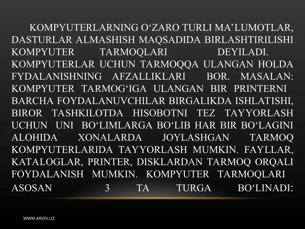 al sim 4 qatlamdan iborat bo‘lib uning eng inchki qatlami metall simdan iborat. bu izolyasiya bilan o‘ralgan bo‘lib, u 2-qatlamni tashkil qiladi. 3 qatlam izolyatsiyasi yupqa metall ekran bilan qoplangan bo‘ladi. 4-qatlami esa uning oxirgi izolyatsiyasi hisoblanadi. metall ekran egiluvchan o‘qi ichki metall sim egiluvchan o‘qi bilan ketma-ket tushadi. shuning ychun ham koaksial sim deyiladi. www.arxiv.uz www.arxiv.uz keyingi paytda koaksial simlarning o‘rniga optik tola (vitaya para) ishlatilib kelmoqda. uning asosiy afzalligi, katta kenglikda ishchi chastotalariga egaligi, katta hajmdagi ma’lumotlar oqimini yuqori tezlikda uzatish mumkinligidir. bu esa yuqori tezlik bilan ishlaydigan mahalliy tarmoqlarni yaratish imkonini beradi. optik tolali (vitaya para) simlar deyilishiga asosiy sabab, yorug‘lik quvvatidan tolalar orqali boshqa energiya turiga aylantirilishidir. optik tolali simlar magistral (tez ishlaydigan) kanallarda ma’lumotlarni yuqori ishonch bilan o‘zatilishini ta’minlash uchun ishlatiladi. www.arxiv.uz www.arxiv.uz mintaqaviy tarmoqlar. uncha katta bo‘lmagan davlatlar, undagi shaharlar yoki viloyatlardagi foydalanuvchilarni birlashtiradi. aloqa kanali sifatida telefon tarmoqlaridan foydalaniladi. tarmoqqa ulangan ob’ektlar orasidagi …