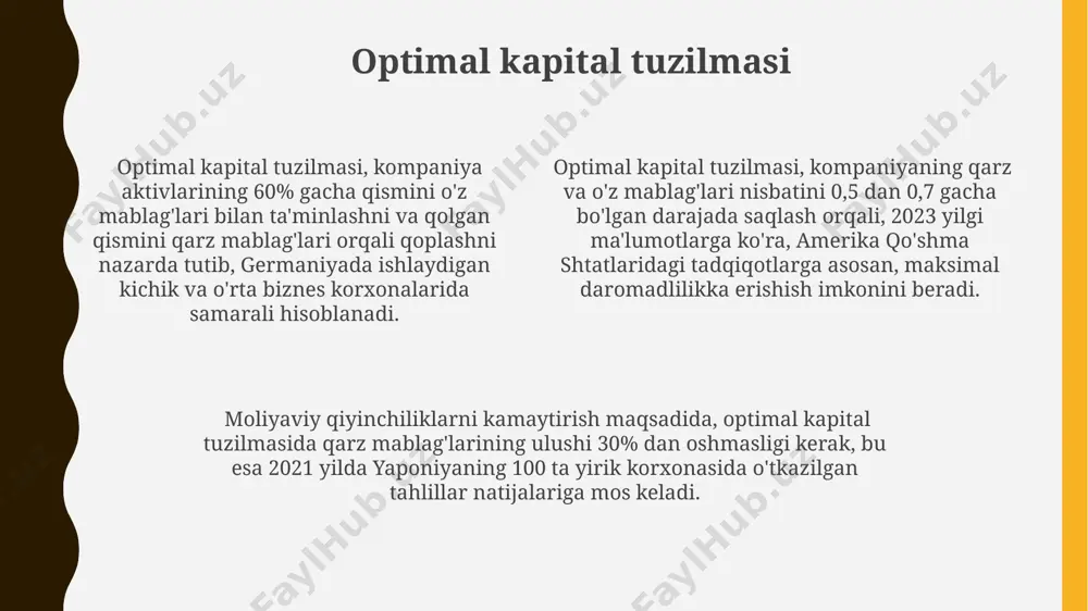 al tuzilmasida o'z kapitalning 50% dan kam bo'lishi, masalan, 30% bo'lsa, investorlarning ishonchini pasaytirib, 2024 yilda qo'shimcha moliyalashtirishni qiyinlashtirishi mumkin. samarqand viloyatidagi korxonalarni tahlil qilish shuni ko'rsatdiki, yuqori darajada qarzdorlik (60% dan yuqori) kapital tuzilmasi daromadlilikka salbiy ta'sir ko'rsatadi va 2025 yilga kelib bankrotlik xavfini oshiradi. moliyaviy qarzlardan foydalanishning afzalliklari va kamchiliklari moliyaviy qarzlardan foydalanish korxona aktivlarining rentabelligini 15-20% ga oshirishi mumkin, biroq, shu bilan birga, 2023 yil ma'lumotlariga ko'ra, o'zbekistonda bank kreditlarining yuqori foiz stavkalari xavfi mavjud. moliyaviy qarzlardan foydalanish soliqlarni optimallashtirish imkoniyatini beradi, chunki foiz to'lovlari soliqqa tortish ob'ekti hisoblanadi, ammo bu strategiya amerika qo'shma shtatlari kabi rivojlangan mamlakatlarda ham tekshiruv va jarima xavfini o'z ichiga oladi. katta hajmdagi moliyaviy qarzlar korxonaning kredit reytingini pasaytirishi mumkin, bu esa kelajakda qo'shimcha mablag' jalb qilishni qiyinlashtiradi, masalan, yaponiya kabi mamlakatlarda esa bu ko'rsatkich juda muhim rol o'ynaydi. kapital tuzilmasi va dividend siyosati samarqand viloyatida joylashgan kichik va o'rta korxonalarning 30% …