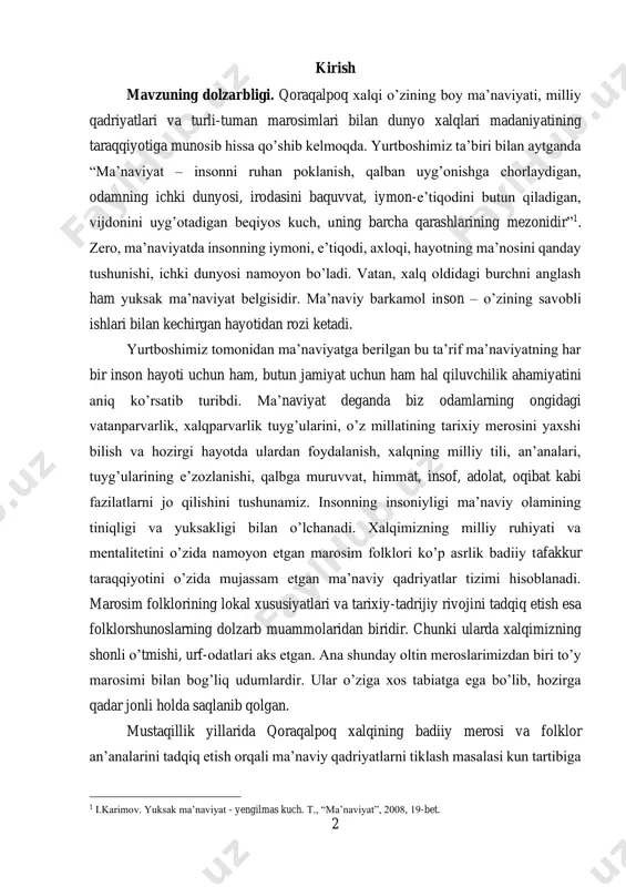 tini o’zida namoyon etgan marosim folklori ko’p asrlik badiiy tafakkur taraqqiyotini o’zida mujassam etgan ma’naviy qadriyatlar tizimi hisoblanadi. marosim folklorining lokal xususiyatlari va tarixiy-tadrijiy rivojini tadqiq etish esa folklorshunoslarning dolzarb muammolaridan biridir. chunki ularda xalqimizning shonli o’tmishi, urf-odatlari aks etgan. ana shunday oltin meroslarimizdan biri to’y marosimi bilan bog’liq udumlardir. ular o’ziga xos tabiatga ega bo’lib, hozirga qadar jonli holda saqlanib qolgan. mustaqillik yillarida qoraqalpoq xalqining badiiy merosi va folklor an’analarini tadqiq etish orqali ma’naviy qadriyatlarni tiklash masalasi kun tartibiga 1 i.karimov. yuksak ma’naviyat - yengilmas kuch. t., “ma’naviyat”, 2008, 19-bet. 3 qo’yildi. binobarin, qoraqalpoq xalqining to’y marosimi bilan bog’liq urf-odatlar, jumladan, sovchilik bilan bog’liq udumlarni tadqiq etish ana shu jihatdan muhimdir. mavzuning o’rganilganlik darajasi. qoraqalpoq to’y marosimi folklorining o’ziga xos tabiati, janrlar tarkibi, tasnifi va badiiyati masalalari m.alaviya, b.sarimsoqov, n.qurbonova, m.jo’rayev, s.davlatov, n.quronboyeva, o.ismoilova, l.xudayqulova kabi folklorshunoslarning ishlarida tadqiq etilgan. to’y marosimi etnografiyasi g.p. snesarev, v.n. basilov, x.ismoilov, a.ashirov, …