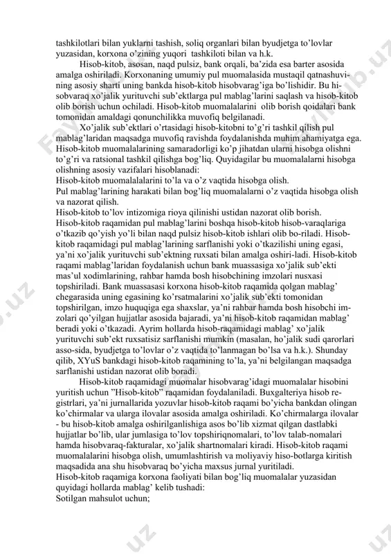 o’lovlar yuzasidan, korxona o’zining yuqori tashkiloti bilan va h.k. hisob-kitob, asosan, naqd pulsiz, bank orqali, ba’zida esa barter asosida amalga oshiriladi. korxonaning umumiy pul muomalasida mustaqil qatnashuvi-ning asosiy sharti uning bankda hisob-kitob hisobvarag’iga bo’lishidir. bu hi-sobvaraq xo’jalik yurituvchi sub’ektlarga pul mablag’larini saqlash va hisob-kitob olib borish uchun ochiladi. hisob-kitob muomalalarini olib borish qoidalari bank tomonidan amaldagi qonunchilikka muvofiq belgilanadi. хo’jalik sub’ektlari o’rtasidagi hisob-kitobni to’g’ri tashkil qilish pul mablag’laridan maqsadga muvofiq ravishda foydalanishda muhim ahamiyatga ega. hisob-kitob muomalalarining samaradorligi ko’p jihatdan ularni hisobga olishni to’g’ri va ratsional tashkil qilishga bog’liq. quyidagilar bu muomalalarni hisobga olishning asosiy vazifalari hisoblanadi: hisob-kitob muomalalalarini to’la va o’z vaqtida hisobga olish. pul mablag’larining harakati bilan bog’liq muomalalarni o’z vaqtida hisobga olish va nazorat qilish. hisob-kitob to’lov intizomiga rioya qilinishi ustidan nazorat olib borish. hisob-kitob raqamidan pul mablag’larini boshqa hisob-kitob hisob-varaqlariga o’tkazib qo’yish yo’li bilan naqd pulsiz hisob-kitob ishlari olib bo-riladi. hisob-kitob raqamidagi pul mablag’larining sarflanishi yoki …