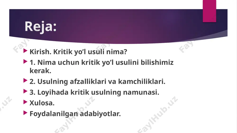 ko'rib chiqamiz. tanqidiy yo'lni boshqarish qisqa muddatli loyihalar uchun ideal hisoblanadi. bizning maqsadimiz hovlida daraxtlarni ekishdir. birinchi daraxtni qanday ekish kerakligini aniq tushunish uchun barcha harakatlar va qadamlarni ko'rsatish muhimdir. ushbu loyihani muvaffaqiyatli yakunlash uchun biz bajariladigan barcha vazifalarni ro'yxatga olishimiz kerak: hovlidagi joyni tanlang. belkurak sotib oling. kerakli urug'larni tanlang. chuqur qazish. chuqurni suv bilan to'ldiring. daraxt ekish. misol ko'rinib turibdiki, bosqichlar bir-biriga bog'liqdir, chunki biri tugamasdan turib boshqasini boshlash mumkin emas. "chuqur qazish", "chuqurni suv bilan to'ldirish", "daraxt ekish" bosqichlari izchil harakatlardir, chunki ular muayyan tartibda bajarilishi kerak. dastlabki uchta qadam va birinchi ("hovlida joy tanlash") hal qilish uchun eng muhim harakatlardir. va ular loyihada kritik yo'lga qo'yilishi kerak. asosiy g'oya shundaki, boshqalar tugamaguncha biz faqat bitta harakatni yoki qadamlarni boshlay olmaymiz. endi loyihaning davomiyligini hisoblash oson. biz tanqidiy yo'lda har bir qadam uchun taxminiy boshlanish vaqtini aniqlashimiz mumkin. agar barcha muhim vazifalarning davomiyligini umumlashtirsak, loyihani yakunlash uchun …