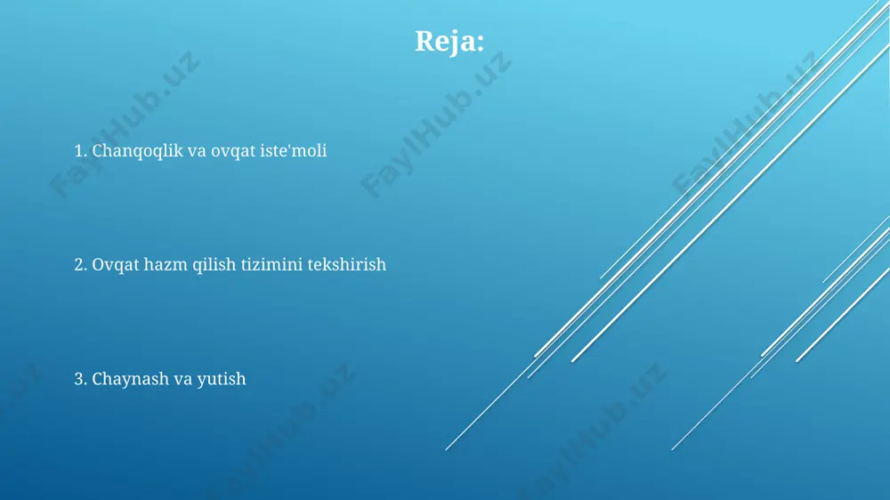 marta oshiradi. disfagiya, ya'ni yutish qiyinligi, insultdan keyin 30-40% bemorlarda uchraydi. oziq moddalarning so'rilishini kamaytiradi va aspiratsion pnevmoniya xavfini oshiradi. chanqash va ovqat qabul qilish me'da to'lganda, vagus nervi orqali signal uzatiladi va bu 20-30 daqiqadan keyin ovqat iste'mol qilishni to'xtatishga olib keladi. leptin gormoni, yog' hujayralari tomonidan ishlab chiqariladi, ishtahani susaytiradi va energiya sarfini oshiradi. suvsizlikning 1-belgisi og'iz qurishi bo'lib, gipotalamusdagi osmoreseptorlar qonning osmotik bosimining 2-3% ga oshishini sezadi. bu chanqash tuyg'usini keltirib chiqaradi va 1.5-2 litr suv ichishga undaydi. og'iz va tomoqdagi qurishi, 0.5-1% suyuqlik kamayishi natijasida, 3-4 soat davomida paydo bo'ladi va chanqashni keltirib chiqaradi. qon hajmining 10% kamayishi qattiq chanqash va gipovolemik shokga olib kelishi mumkin. buzilishlar va ularning sabablari qizilo'ngachning buzilishiga sabab bo'lishi mumkin bo'lgan asosiy omillardan biri bu diafragma churrasi bo'lib, u 20-30% odamlarda uchraydi, bu esa kislota refluksini keltirib chiqaradi. oʻzbekcha javoblar oshqozon buzilishlarining sabablariga helicobacter pylori bakteriyasi ta'siri kiradi. ushbu bakteriya bilan …