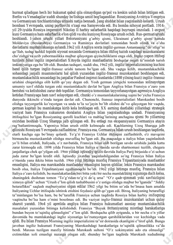 uning hududiy butunligini buzmaslikka va u bilan hamkorlikni faqat xitoy hukumati orqali amalga oshirishga kelishib oldi. 19o7-yil bitimi ikkala mamlakatning osiyodagi keskin ziddiyatlarini vaqtincha bartaraf etdi. ayni paytda, germaniya, avstriya-vengriya va italiya ishtirokida-gi uchlar ittifoqiga qarshi buyuk britaniya, fransiya va rossiya tarkibidagi uchlar kelishuvini yuzaga keltirdi. urush boshlangach, italiya betaraf bo'lib turdi. ammo 1915-yil may oyida afrikadan mustamlakalar va bolqondan yer berish, shuningdek, 5o million funt sterling zayom ajratish haqida antantadan va'da olgach, uchlar ittifoqi haqidagi shartnomadan chiqdi va 23-mayda avstriyavengriyaga urush e'lon qildi. rossiya asosan bolqon muammosi keskinlashganligi tufayli uchlar kelishuviga qo'shildi. rossiyaning rus-yapon urushida mag'lubiyatga uchraganidan foydalanib avstriya-vengriya o'zining bolqon yarim orolidagi ta'sir doirasini kengaytirishga kirishdi. 19o8-yilda avstriya-vengriya germaniya yordamida bosniya va gersegovinanl o'ziga qo'shib oldi. natijada serbiya dengiz portlariga chiqolmay, tashqi dunyodan butunlay uzilib qoldi. bu voqealarga javoban serb xalqi junbushga keldi. taxt vorisi shahzoda georgiy boshchiligidagi radikal kuchlar avstriya-vengriyaga qarshi urush ochishni talab qildilar. rus hukumati …