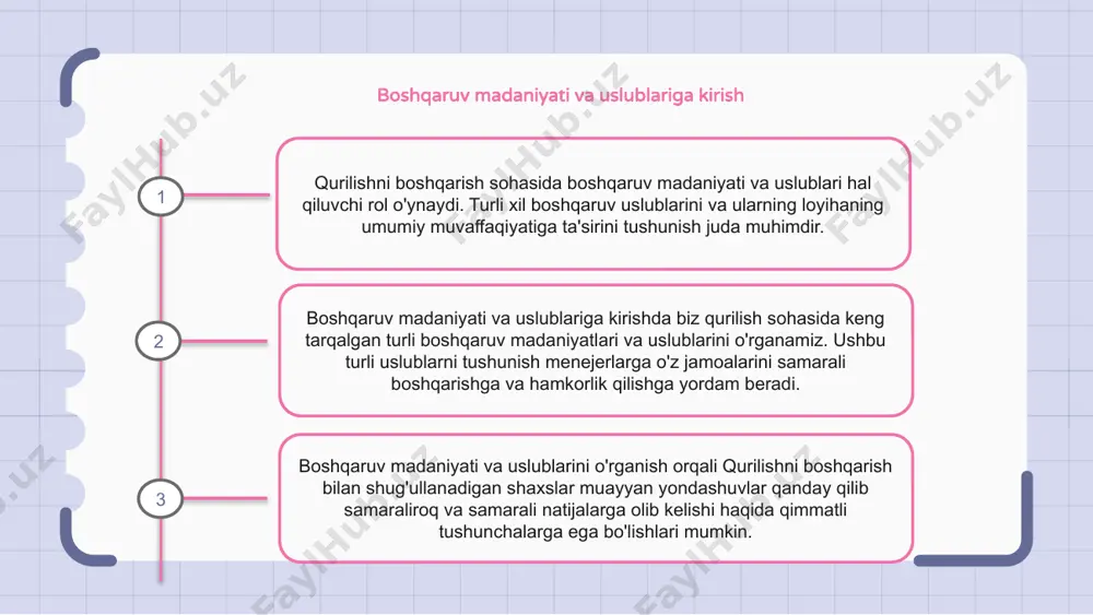 lari va uni turli vaziyatlarga moslashtira olishlari kerak. ijobiy boshqaruv madaniyatini yaratish jamoa a'zolari o'rtasida ochiq muloqot va hamkorlikni rag'batlantiradi. boshqaruv madaniyatining qurilish loyihalariga ta'siri qurilish loyihalari muvaffaqiyatida boshqaruv madaniyati va uslublari hal qiluvchi rol o'ynaydi. boshqaruv madaniyatining qurilish loyihalariga ta'sirini aloqa, qaror qabul qilish va jamoaviy ish kabi turli jihatlarda ko'rish mumkin. ijobiy boshqaruv madaniyati hamkorlikdagi va samarali ish muhitini rag'batlantiradi, bu esa oxir-oqibatda yaxshi loyiha natijalariga olib keladi. qurilishni boshqarishda turli xil boshqaruv uslublarini qo'llash qurilishni boshqarishda boshqaruv madaniyati va uslublari hal qiluvchi rol o'ynaydi. turli xil boshqaruv uslublarini qo'llash orqali qurilish menejerlari o'z jamoalarini samarali boshqarishlari va loyiha muvaffaqiyatiga erishishlari mumkin. loyiha talablari va jamoa dinamikasi asosida qurilish boshqaruvida avtokratik, demokratik va laissez-faire kabi turli xil boshqaruv uslublari qo'llanilishi mumkin. avtokratik boshqaruv uslubi jamoa a'zolari bilan maslahatlashmasdan qaror qabul qilishni o'z ichiga oladi, demokratik uslub esa qaror qabul qilishda ishtirokchi yondashuvni o'z ichiga oladi. boshqaruv madaniyatini shakllantirishda …