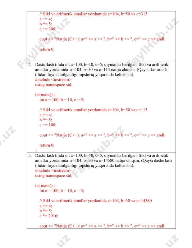 { int a = 100, b = 10, c = 5; while (a != 22500) { a *= b + c; } std::cout int main() { int a = 100, b = 10, c = 5; while (a != 400) { a += b * c; } std::cout int main() { int a = 100, b = 10, c = 5; while (a != 250000) { a += b * c; } std::cout int main() { int start = 20; int end = 60; int target = 31; for (int i = start; i int main() { int start = 1; int end = 50; double target = 34.5; for (int i = start; i int main() { int start = 1; int end = 555; int target = 528; for (int i = start; i int main() { int start = 1; int end = 50; double target = …