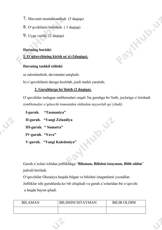 -kruz, yangi gebrid). 2 –guruhga: mikroneziya guruhiga kiruvchi quyidagi orollarni yozuvsiz xaritaga tushiring. (mariania, korolina, marshall, gilbert, nauru). 3-guruhga: polineziya guruhiga kiruvchi quyidagi orollarni yozuvsiz xaritaga tushiring. (gavayi, layn, feniks, tokelay, marjon). 4-guruhga: polineziya guruhiga kiruvchi quyidagi orollarni yozuvsiz xaritaga tushiring. (samoa, tonga, kuk, tubuai, markiz, pasxo) 5-guruhga: okeaniyaga kiruvchi davlatlarni yozuvsiz xaritaga tushuring. (yangi zelandiya, samoa). o‘quvchilarning yangi mavzu bo‘yicha olgan bilimlari tekshirib ko‘riladi: 1-guruhga : okeaniyadagi orollar maydoni qanchaga teng? javob: 1.3 mln. kv. km. 2 –guruhga: okeaniyada qanchaga yaqin orollar bor? javob: 7000 ziyod orollar bor. 3-guruhga: okeaniyaning deyarli 90 % qaysi orollar guruhiga to‘g‘ri keladi. javob: yangi gyineya va yangi zelandiyaga to‘g‘ri keladi. 4-guruhga: yangi gyineya orolida o‘simliklarning qancha turi bor. javob : bu yerda o‘simliklarning 20 000 dan ortiq turi bor bo‘lib, o‘zbekiston o‘simliklari turidan deyarli 5 marta ko‘p demakdir. 5-guruhga: okeaniyada qancha aholi yashaydi. javob: 12.7 mln. aholi yashaydi. yuqoridagi berilgan topshiriqlar bo‘yicha rag‘bat …