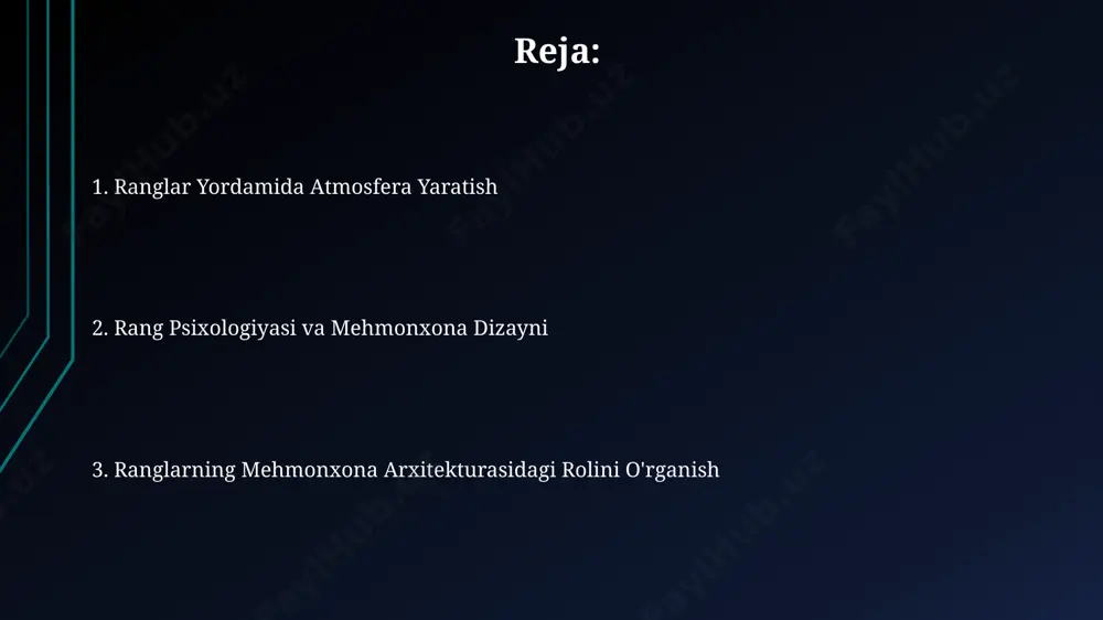 hmonlarning his-tuyg'ulari yashil rang, tabiat bilan bog'liq bo'lganligi sababli, masalan, xivadagi "itchan kala" mehmonxonasida ishlatilganidek, mehmonlarda 75% gacha dam olish va xotirjamlik tuyg'usini yaratadi. oq rangli devorlarga ega mehmonxonalar, masalan, toshkentdagi "grand mir" mehmonxonasi kabi, mehmonlarda 60% gacha xotirjamlik va tinchlik hissiyotini uyg'otadi. an'anaviy va zamonaviy ranglarning qo'llanilishi buxoroda joylashgan 19-asr me'morchiligi bilan qurilgan mehmonxonalarda ishlatilgan 5 ta asosiy rangning uyg'unligi zamonaviy dizaynda yangicha talqinlarga ega bo'ldi. samarqanddagi tarixiy mehmonxonalarda 15-asr rang sxemalarining (ko'k, yashil, qizil) an'anaviy qo'llanilishi zamonaviy dizayndagi minimalist yondashuvlarga ziddir. eko-do'stona ranglar va materiallar samarqanddagi tarixiy me’moriy uslublarga mos keladigan eko-do’stona ranglar palitrasi, taxminan 10 ta asosiy tabiiy pigmentlardan va yer ranglaridan iborat. “eko-do’stona ranglar va materiallar” dasturi doirasida buxoroda 2023-yilda 15 ta yangi mehmonxona qurilishi uchun energiya tejovchi bo‘yoqlar va 30% dan kamroq karbon iz qoldiradigan materiallar qo‘llanilishi rejalashtirilgan. ranglarning turli xonalardagi ta'siri parijdagi hashamatli mehmonxonalarda keng qo'llaniladigan quyuq jigarrang va qora ranglarning, hashamat va obro'ni …