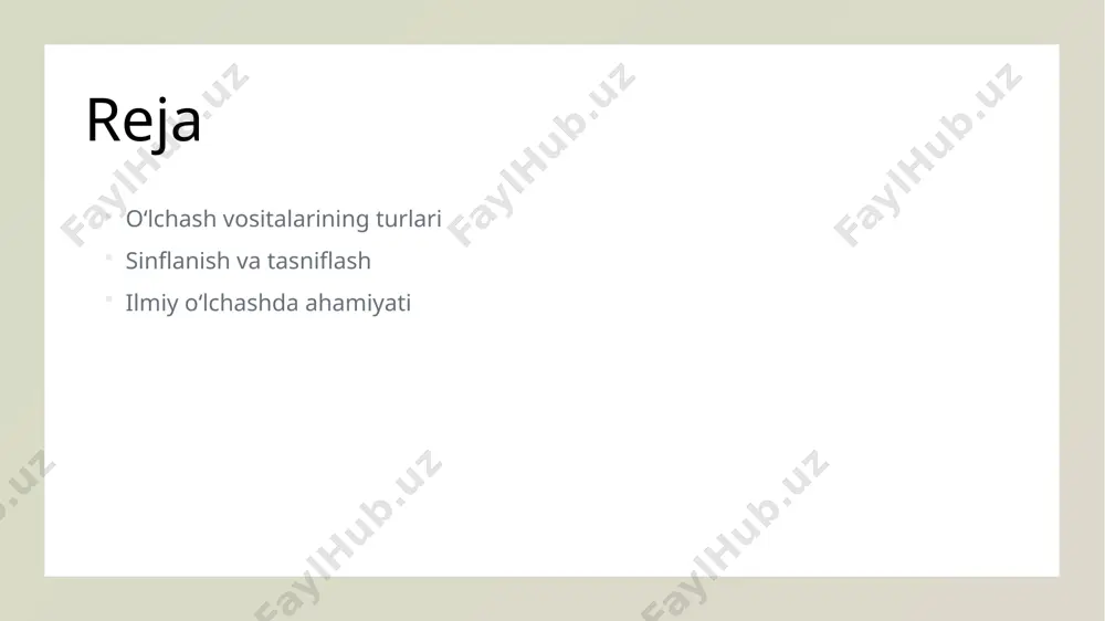 chovlar miqdoriy o‘lchovlar, aniq raqamlar bilan ifodalangan parametrlarni o‘lchashga mo‘ljallangan. masalan, uzunlik, vazn va vaqt kabi fizik miqdorlar. 3 o‘lchovlarning ahamiyati o‘lchovlar ilmiy tadqiqotlarda muhim rol o‘ynaydi. ular ma’lumotlarni to‘plash, tahlil qilish va natijalarni taqqoslashda zarurdir. o'lchash vositalarining asosiy sinflari va ularning xususiyatlari. 1 mexanik o'lchovlar mexanik o'lchovlar, mexanik kuchlar va harakatlar yordamida ishlaydi. masalan, kaliperlar va o'lchov chiziqlari aniq o'lchovlar uchun ishlatiladi. 2 elektron o'lchovlar elektron o'lchovlar, zamonaviy texnologiya yordamida ma'lumotlarni tez va aniq o'lchash imkonini beradi. multimetrlardan termometrgacha keng qo'llaniladi. 3 sifatli o'lchovlar sifatli o'lchovlar, materiallarning xususiyatlarini aniqlashda muhimdir. ular ko'pincha laboratoriyalarda foydalaniladi, masalan, kimyoviy tahlil asboblari. 4 miqdoriy o'lchovlar miqdoriy o'lchovlar, aniq raqamlarni o'lchashda ishlatiladi. ular statistik tahlil va ilmiy tadqiqotlarda muhim rol o'ynaydi, masalan, massalarning o'lchovi. o'lchash vositalarini tasniflash: metodlar va yondashuvlar. o'lchash metodlari tasniflash yondashuvlari o'lchash vositalari o'lchash vositalarini tasniflashda asosiy metodlar sifat va miqdoriy o'lchovlarga bo'linadi, bu esa tadqiqotlarning natijalarini aniqlashtiradi. o'lchash vositalarini tasniflash …