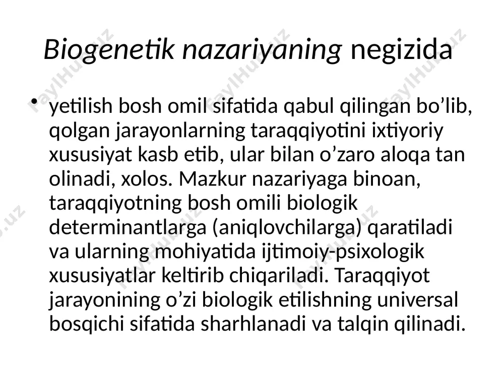 i egallash, bilimlarni o’zlashtirishdan iborat bo’lib, uning samarasi qo’zg’atuvchini uzluksiz ravishda mustahkamlab borilishining mahsulidir. bu nazariyaning tarafdorlari e.torndayk va b.skinnerlar hisoblanadi. k.levin tomonidan tavsiya qilingan "fazoviy zarurat maydoni" nazariyasi psixologiya fani uchun (o’z davrida) muhim ahamiyatni kasb etadi. k.levinning nazariyasiga ko’ra, individning xulqi (xatti-harakati) psixologik kuch vazifasini o’tovchi ishtiyoq (intilish) maqsadlar bilan boshqarilib turiladi, va ular fazoviy zarurat maydonining ko’lami va tayanch nuqtasiga yo’naltirilgan bo’ladi. psixologiyada psixogenetik yondashish ham mavjud bo’lib, u biogenetik, sosiogenetik omillarning qiymatini kamsitmaydi, balki psixik jarayonlar taraqqiyotini birinchi darajali ahamiyatga ega, deb hisoblaydi. ushbu yondashuvni uchta mustaqil yo’nalishga ajratib tahlil qilish mumkin, chunki ularning har biri o’z mohiyati, mahsuli va jarayon sifatida kechishi bilan o’zaro tafovutlanadi. psixologiyaning irrasional(aqliy bilish jarayonlaridan tashqari) tarkibiy qismlari bo’lishi emosiya, mayl va shu kabilar yordamida shaxs xulqini tahlil qiluvchi nazariya psixodinamika deyiladi. mazkur nazariyaning yirik namoyondalaridan biri amerikalik psixolog e.eriksondir. u shaxs rivojini 8 ta davrga ajratadi va ularning har qaysisi …