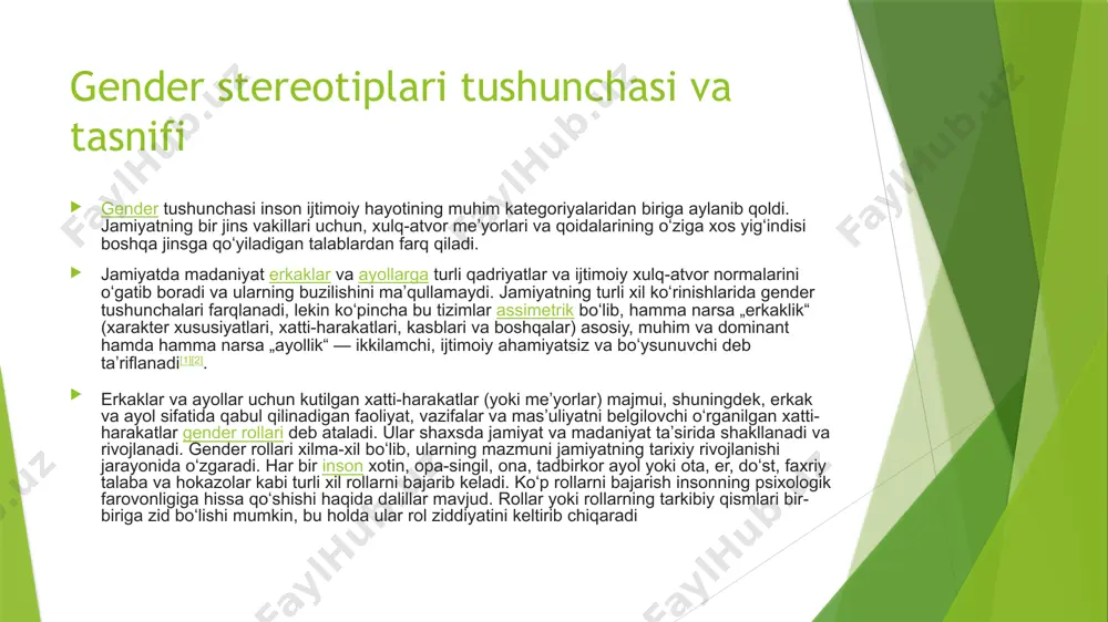 ladi. asosan, aynan shu erda insonning qarindoshlik muhitida yuzaga keladigan shaxslararo munosabatlar shakllanadi. gender qurilishida aynan uy va oila tushunchalari ayolning maʼlum bir tajribasining manbai va ayni paytda uning bostirish va zulm markazidir. gender munosabatlarida aloqa xususiy sohada ham shakllanadi, uning asosini boshqa ijtimoiy institutlar orasida hukmronlik qiladigan oila tashkil qiladi. asosan, aynan shu erda insonning qarindoshlik muhitida yuzaga keladigan shaxslararo munosabatlar shakllanadi. gender qurilishida aynan uy va oila tushunchalari ayolning maʼlum bir tajribasining manbai va ayni paytda uning iqtidorini bostirish va zulm markazidir. gender rollari uyda va oilada patriarxal munosabatlar bilan anʼanaviy gender sotsializatsiyasi asosida taqsimlanadi. ayollar va erkaklar uchun tengsiz imkoniyatlarni qurishda „uy dunyosi“ qoidalari va huquqlari, undagi erkakning oʻrni katta rol oʻynaydi. gender stereotiplar . oilaviy maʼlumotni idrok etish va baholash kundalik hayotda namoyon boʻladi va genderni ijtimoiy hayotning muhim toifasi sifatida belgilaydi. masalan, odatiy oilalarida „ayol“ soʻzi uy-joy, uy-roʻzgʻor, onalik, farzand, tarbiya kabi tushunchalar bilan bogʻlanadi. …