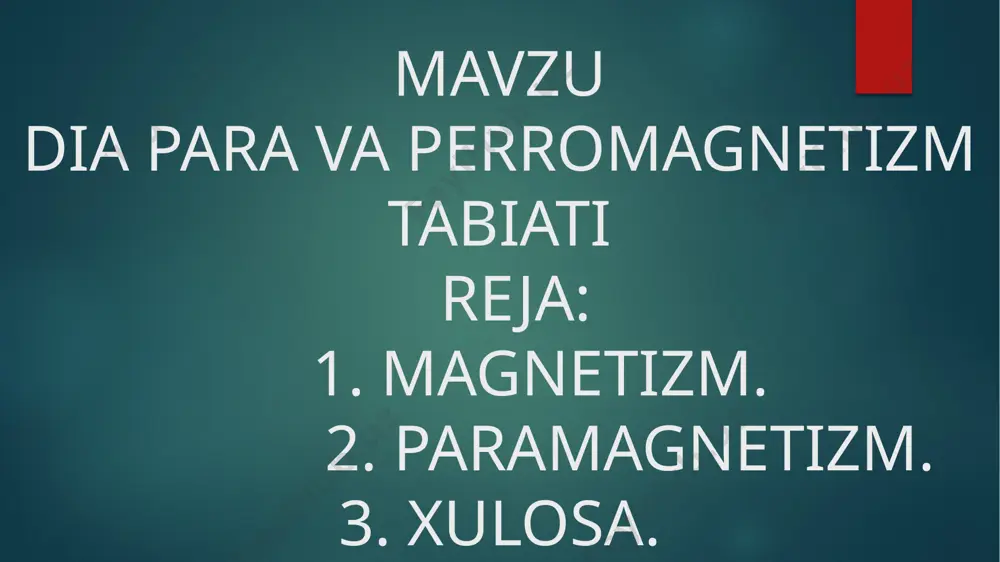 tom yadrosi) xususiy magnit momentiga ega boʻlgan jismlar uchungina xos boʻlib, bu momentlar tashqi maydon boʻlmaganda tartibsiz, yaʼni j=0 boʻladi. tashqi maydon boʻlganda maydon yoʻnalishida moslanadi. metallda xususiy magnit (spin) momentiga va elektr oʻtkazuvchanlik xossasiga ega boʻlgan elektronlarning mavjudligi shu metallning paramag-nit xossasini ifodalaydi. tashqi magnit maydoni taʼsirida bu elektronlar magnit momentining yoʻnalishi maydon yoʻnalishi bilan bir xil boʻladi. atom yadrosi ham xususiy magnit momentiga ega. yadro magnit momenti elektron magnit momentidan taxminan 1000-marta kichik. atom yadrosining paramag-nit qabulchanligi elektron qabulchanligidan taxminan 106-marta kichik. paramagnit modda kucheiz tashqi magnit maydoni taʼsirida juda kucheiz, lekin juda past (mutlaq nol gradusga yaqin) temperaturalarda, shuningdek, oʻta yuqori tashqi magnit maydoni (>105 e) taʼsirida kuchli magnitlanadi. xulosa magnetizm deb elektr toklarning oʻzaro taʼsiri tushinilar elan.magnit maydon esa mikrozarralarning elementar magnit maydoni tufayli paydo boʻladi.paramagnetizm deb tashqi magnit maydoniga kiritilgan jismlarning shu maydon yoʻnalishiga mos yoʻnalishda magnitlanish xossasini ifodalanar ekan. "peromagnetizm" terminini fanga m. faradey …