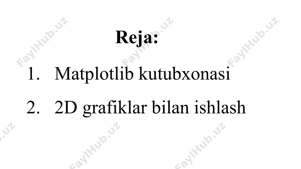 ordamida yaratiladi va qiymatlarning qiyosiy ko'rinishini ko'rsatish uchun ishlatiladi. gistogrammalar — hist() funksiyasi yordamida taqsimot ma'lumotlarini ko'rsatish uchun ishlatiladi. doira diagrammalar — pie() funksiyasi yordamida turli qismlarning umumiy miqdorga nisbatan ulushlarini ko'rsatadi. matplotlibda ranglar va uslublar matplotlibda grafiklarning ko'rinishini o'zgartirish uchun ranglar, markerlar, chiziqlar uslubi va kengliklarini belgilash mumkin: rang — grafik rangini belgilash uchun color parametri ishlatiladi (masalan, color="blue"). marker — har bir nuqta uchun belgi turini tanlash (masalan, marker="o"). chiziq uslubi — chiziq turini belgilash (masalan, linestyle="--" - chiziqli yoki nuqtali chiziq). import matplotlib.pyplot as plt # ma'lumotlarni tayyorlaymiz x = [1, 2, 3, 4, 5] y = [1, 4, 9, 16, 25] # grafikni yaratamiz plt.plot(x, y) # sarlavha va o'qlarni nomlash plt.title("oddiy grafik") plt.xlabel("x o'qi") plt.ylabel("y o'qi") # grafikni ko'rsatish plt.show() import matplotlib.pyplot as plt # ma'lumotlarni tayyorlaymiz x = [1, 2, 3, 4, 5] y = [1, 4, 9, 16, 25] # nuqtali grafik yaratamiz …