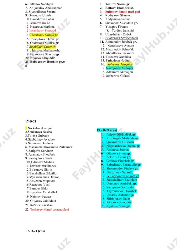 munisa gr. 17 sayfullaev quvonch 18. . idrisova malikaposho 19. farxodova shaxina gr. 20. niyozov sirojiddin 21. boboxonov ibrohim gr.st 8 17-d-21 1.norkulov azimjon 2.shukurova nasiba 3.to‘eva gulxayo 4.gaybullaev avazbek 5.najimova durdona 6. maxammatibroximova zulxumor 7. zaripova sarvinoz 8. azamatov shodibek 9. sanoqulova saida 10.qudratova madina 11.temirov muslimbek 12.bo‘ronova shirin 13.baxshullaev zikrillo 14.мухаммадиев элшод 15.ахмедов миршод 16.razzokov vosil 17.barnoev eldor 18.ergashov xurshidbek 19. naimov bexruz 20. g‘iyosov jaloliddin 21. ro‘ziev ravshan 22. teshayev maruf vostanavleni 18-d-21 (rus) 1. toxirov nozim gr. 1. boltaev islombek st. 1. sultonov ismoil med ped 1. kudiyarov sharyar. 1. xodjamova sabina 1. subxonov xusniddin gr. 1. yusupov firdavs 1. turdiev jamshid 1. ubaydullaev oybek 1. bsattorova sevinchbonu 1. akmuradov jurabek gr. 1. kenesbaeva aynura 12. maxmudov behro’zk 13. abdullaeva shaxnoza 14. teshaeva xurshida 15. farhodova nodira 16. . saleyeva marjona 17. naimjonov xudoyor 18. adxamov akmaljon 19. jabborova gulasal 19 - d-21 (rus) 1. aripov …