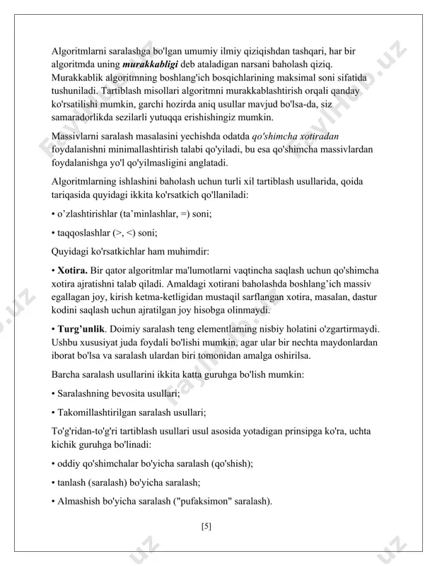 shingiz kerak. keyin tanlangan qiymat birinchi saralanmagan elementning qiymati bilan almashtiriladi. ushbu qadam massivning saralanmagan ichki qismlari tugamaguncha takrorlanishi kerak. tanlash bo’yicha saralash dastur kodi (c++) va animatsion ko’rinish 1.6 algoritm qiyosiy tahlili ushbu algoritmlarning elementlari soni bir xil bo’lgan holatda qanday vaqt ichida bajarilishi va sarflangan xotira hajmi haqidagi qiyosiy jadval quyida berilgan: sinov o'tkaziladigan kompyuter quyidagi xususiyatlarga ega: amd a6-3400m 4x1.4 ghz, 8 gb operativ xotira, windows 10 x64 build 10586.36. qisman tartiblangan massiv (elementlarning yarmi saralangan): birlashtirib saralash algoritmlari. 1.7 birlashtirib saralash (merge sort) tartiblashning tezkor bajariladigan algoritmlaridan biri. ushbu tartiblash “bo’lib tashla va hukmronlik qil” prinsipining yaxshi namunasidir. birinchidan, vazifa bir nechta kichik topshiriqlarga bo'linadi. keyin ushbu vazifalar rekursiv chaqiruv yordamida yoki to'g'ridan-to'g'ri ularning hajmi yetarlicha kichik bo'lsa hal qilinadi. nihoyat, ularning yechimlari birlashtirilib, asl muammoning echimi olinadi. algoritmning bajarilishi. · saralash muammosini hal qilish uchun uch bosqich quyidagicha bo’ladi: · saralanadigan massiv taxminan bir xil …