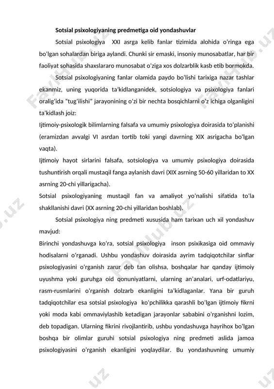 irib, ushbu yondashuvga hayrihox bo‘lgan boshqa bir olimlar guruhi sotsial psixologiya ning predmeti aslida jamoa psixologiyasini o‘rganish ekanligini yoqlaydilar. bu yondashuvning umumiy xulosasi shuki, sotsial psixologiya mohiyatan aslida jamoa psixologiyasidir. ikkinchi yondashuv tarafdorlarining fikrida umumiylik shuki, ularning ta’kidlashlaricha, sotsial psixologiya shaxsning ijtimoiy qiyofasini, psixologiyasini o‘rganadi. turli olimlar fikrida o‘ziga xoslik esa aynan shaxsning qaysi sifatlariga ko‘proq e’tiborni qaratishda namoyon bo‘ldi. kimdir shaxsning alohida ijtimoiy sifatlariga urg‘u bersa, boshqalar uning tipologiyasini ahamiyatli predmet ekanligini ta’kidladi. bundan tashqari, shaxsning guruhdagi o‘rni, shaxslararo munosabatlar va umuman munosabatlar tizimi ushbu yo‘nalish tarafdorlarining diqqat markazida bo‘ldi. uchinchi yondashuv – yuqorida ikki yondashuvning o‘ziga xos tarzdagi uyg‘unlashuvi shaklida namoyon bo‘ldi. ya’ni, unga ko‘ra, sotsial psixologiya ommaga xos bo‘lgan psixologik hodisalarni ham, shaxsning guruhdagi maqomini ham birdan o‘rganishi lozim. rus olimi b.d.parigin turli yondashuvlarga e’tibor brgan holda sotsial psixologiya o‘rganadigan eng muhim masalalarni yagona andozada umumlashtirdi. ya’ni, uning fikricha, sotsial psixologiya quyidagilarni o‘rganadi: · shaxsning sotsial psixologiyasi; …