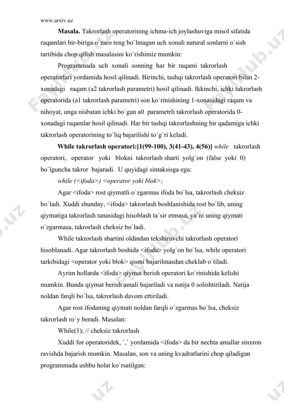 an, birorta jarayonni davom ettirish yoki to`xtatish haqidagi so`rovga javob olish va uni tekshirish zarur bo`lsin. ko`rinib turibdiki, jarayonni boshlamasdan oldin bu so`rovni berishning ma`nosi yo`q. hech bo`lmaganda takrorlash jarayonining bitta qadami amalga oshirilgan bo`lishi kerak: programma toki “ jarayonni to`xtashish (n):_``so`roviga (n) javobi kiritilmaguncha davom etadi. bu operator ham cheksiz takrorlanishi mumkin: do; while (1); masala. har qanday 7 katta butun sondagi pul miqdorini 3 va 5 so`mliklarda berish mumkinligi isbotlansin. qo`yilgan masala p=3n+5m tenglamasi qanotlantiruvchi m,n sonlar juftliklarini topish masalasidir (p-pul miqdori). bu shartning bajarilishini m va n o`zgaruvchilarining mumkin bo`lgan qiymatlarining barcha kombinatsiyalarida tekshirish zarur bo`ladi. unsigned int pul; //pu1- kiritiladigan pul miqdori unsigned n3,m5; //n-3 so`mliklar , m-5 so`mliklar soni bool xato=fa1se; //pu1 qiymatini kiritilgandagi xatolik programma pul qiymatini kiritishni so`raydi (pu1 o`zgaruvchiga).agar pul qiymati 7 sonidan kichik bo`lsa, bu haqda xabar beriladi va takror ravishda qiymat kiritish talab qilinadi. pul qiymati 7 dan katta bo`lganda, …