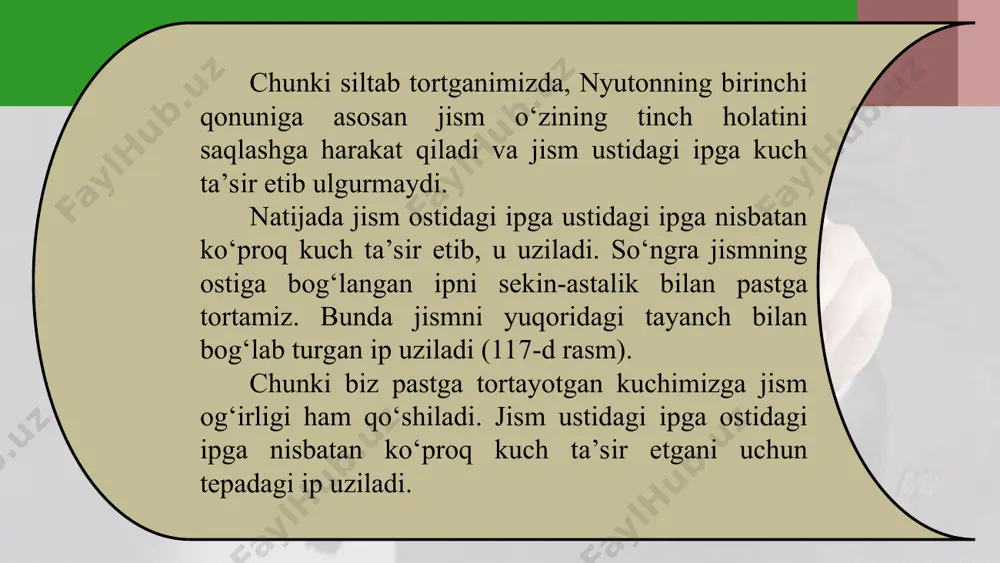 bo‘lsa, uni harakatga keltirish uchun shuncha ko‘p vaqt talab qilinadi. shuning uchun bizga kuch jism inersiyasini yengayotganday seziladi. jismning to‘g‘ri chiziqli harakatida kuch va tezliklar yo‘nalishi mos kelgani uchun formulani skalyar ko‘rinishda yozish mumkin: demak, jism impulsini bir xil miqdorda o‘zgartirishning ikki usuli mavjud ekan: qisqa vaqt davomida katta kuch va uzoq vaqt davomida kichik kuch ta’sir ettirish natijasida. bu ikki usulni amaliyotda ko‘p uchratamiz. masalan, tog‘dagi xarsangtoshni yorish uchun qisqa vaqt davomida katta kuch ishlatilsa, uzoq vaqt davomida tomayotgan suv tomchilari ham toshni yemirishi mumkin. (5) formula nyuton ikkinchi qonunining umumiy ko‘rinishdagi ifodasidir.