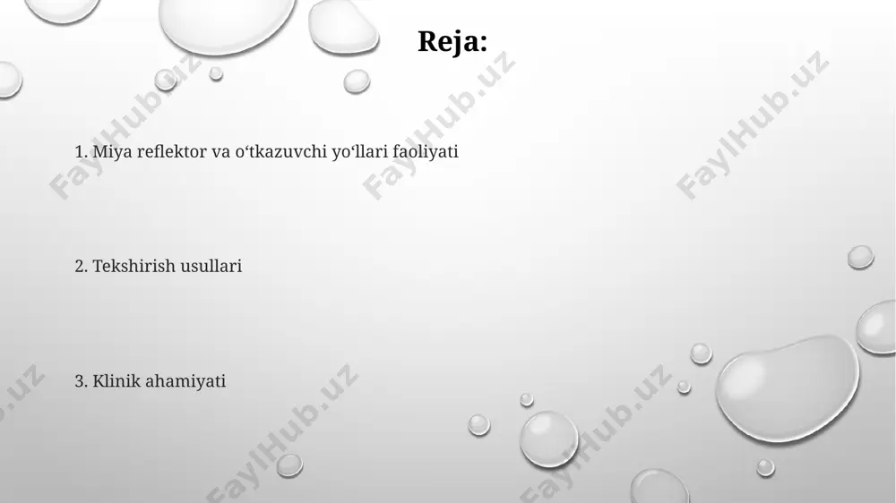 emalarning tekshiruv usullari elektromiografiya (emg) va nerv o‘tkazuvchanligini tekshirish (ncs) usullari mushaklar va nervlarning elektr faoliyatini o‘rganishga imkon beradi, shuningdek, periferik nerv sistemasining patologiyalarini aniqlashda muhim ahamiyatga ega. reflekslarni tekshirishda patellar, axill va biceps reflekslari kabi chuqur reflekslarning 0 dan 4+ gacha bo‘lgan ballar bilan baholanishi, nerv sistemasi faoliyatining xususiyatlarini aniqlashga yordam beradi. sezuvchanlikni tekshirishda 2 nuqta diskriminatsiyasi, stereognoz va grafestenziya kabi 3 asosiy usullar qo‘llaniladi, ularning natijalari miya po‘stlog‘ining sensorli zonasining holatini baholashga imkon beradi. asosiy reflekslar va ularning tekshiruvi superfisiyal reflekslar, masalan, abdominal reflekslarni tekshirishda qorin terisiga engil tirnash xususiyati beriladi, mushaklarning qisqarishi 7-10 soniyadan keyin kuzatiladi, reaktsiya yo'qligi yoki pasayishi patologik hisoblanadi. patellar refleksining tekshiruvi bemor o'tirgan yoki yotgan holatda, boldir mushaklarining relaksatsiyasi ta'minlangan holda, patella ostiga bolg'acha bilan engil urilishi orqali amalga oshiriladi, reaktsiya 2+ bo'lishi normal hisoblanadi. achilles refleksi tekshiruvida bemor tizzasi bukilgan holda o'tiradi yoki yotadi, achilles tendotiga bolg'acha bilan urilganda, oyoqning plantar fleksiyasi …