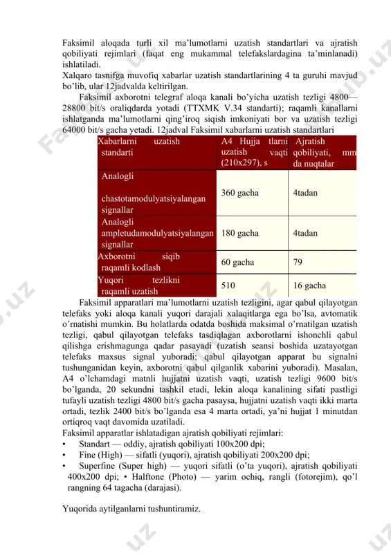faksimil aloqa asosiga elektr signallarni vaqt oralig’dagi ketma­ketliklarini uzatish usuli qo’yilgan bo’lib, bu signallar uzatilayotgan hujjatning ayrim elementlarini yorqinligini harakterlaydi. uzatilayotgan tasvirni elementlarga yoyib chiqishni yoyish, bu elementlarni ko’rib chiqish va uqishni esa skanerlash deyiladi. faksimil aloqaning muxim afzalligi uzatishning to’liq avtomatlashganligi bo’lib, bunga qog’ozli hujjat­manbadan ma’lumotni o’qish va qog’ozli hujjat­qabul qiluvchida ma’lumotni qayd qilish kiradi. faksimil aloqani tashkil etish uchun faksimil apparatlar (telefakslar) va aloqa kanallari ishlatiladi: hammadan ko’proq telefon kanallardan, kamroq integral servisli (isdn) raqamli kanallari va aloqa radiokanallardan foydalaniladi. faksimil aloqa standartlari va rejimlari faksimil aloqada turli xil ma’lumotlarni uzatish standartlari va ajratish qobiliyati rejimlari (faqat eng mukammal telefakslardagina ta’minlanadi) ishlatiladi. xalqaro tasnifga muvofiq xabarlar uzatish standartlarining 4 ta guruhi mavjud bo’lib, ular 12­jadvalda keltirilgan. faksimil axborotni telegraf aloqa kanali bo’yicha uzatish tezligi 4800—28800 bit/s oraliqdarda yotadi (ttxmk v.34 standarti); raqamli kanallarni ishlatganda ma’lumotlarni qing’iroq siqish imkoniyati bor va uzatish tezligi 64000 bit/s gacha yetadi. 12­jadval faksimil …