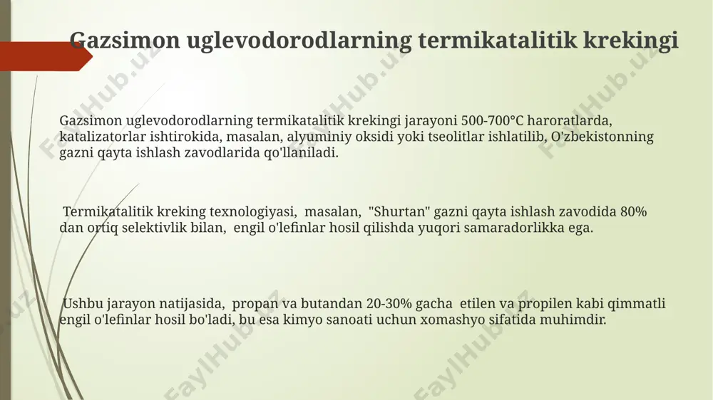 ng termal krekingi jarayoni 500-700°c haroratlarda va 0.1-1 mpa bosimda amalga oshiriladi, bu esa etan, propan va butandan etilen, proplen kabi qimmatli olefinlar hosil bo'lishiga olib keladi. termal kreking natijasida hosil bo'lgan mahsulotlar tarkibida 20% dan ortiq aromatik uglevodorodlar (benzol, toluen, ksilen) bo'lishi mumkin, bu esa ularni petrokimyo sanoatida qo'llash imkonini beradi. xomashyo sifati va talablari тошкент нефтьни қайта ишлаш заводида йилига 500,000 тоннагача термик ва термокаталитик крекинг учун хомашё сифатида табиий газ ва углеводородлар аралашмаси ишлатилади. ўзбекистоннинг газ конларидан олинадиган углеводородларнинг таркибида 20-30% метан бўлиб, бу термик крекинг учун мақбул ҳисобланади, шунинг учун бундай хом ашёнинг талаби юқори. термокаталитик крекинг учун хомашё сифатида, олтингугурт миқдори 10 ppm дан кам бўлган, фергана водийси газ конларидан олинган пропан-бутан фракциялари афзал кўрилади. amaliy qo'llanilishi termik katalitik kreking texnologiyasidan foydalanib, qashqadaryo viloyatidagi neftni qayta ishlash zavodi benzinning oktan sonini 92 ga yetkazishga erishdi. o'zbekistonning gazni qayta ishlash zavodlarida, yiliga 100 000 tonnadan ortiq …
