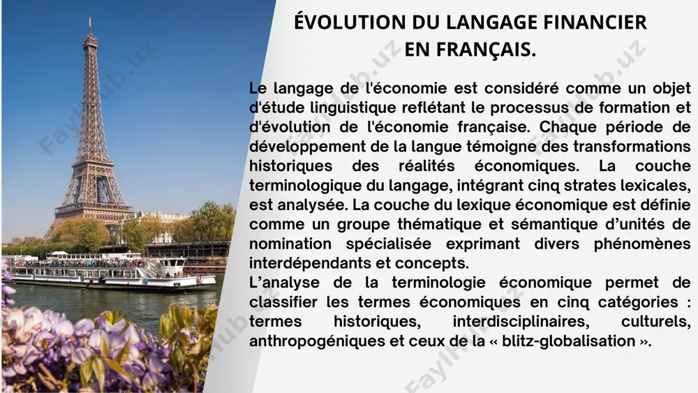 jouent un rôle essentiel dans l'économie en facilitant les paiements, en offrant des services de crédit, en collectant les dépôts et en offrant des produits d'investissement. assurances les assurances sont des contrats qui permettent aux individus ou aux entreprises de se protéger contre les risques financiers en échange d'une prime. commerce le commerce désigne l'échange de biens et de services entre les pays, les entreprises ou les individus. le développement de la terminologie financière et économique est étroitement lié à l'émergence des innovations et des nouvelles technologies dans divers secteurs de l'économie. cette étude a examiné l'origine des principauxtermes financiers, leur formation terminologique et leur utilisation dans les processus économiques contemporains. conclusion merci! pour votre attention image1.jpeg image2.png image3.svg image4.png image5.png image6.png image7.png image8.png image9.png image10.svg image11.png image12.svg image13.png image14.png image15.jpeg image16.png image17.png image18.png image19.jpeg image20.png image21.svg image22.jpeg image23.jpeg image24.jpeg image25.png image26.svg /docprops/thumbnail.jpeg