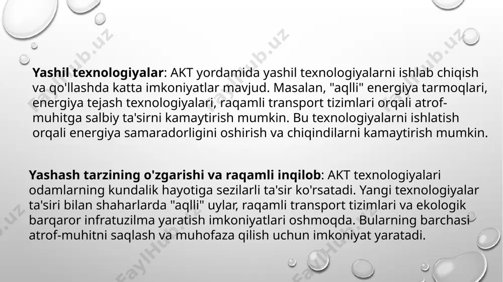 orqali ko'rinadi. shuning uchun akt texnologiyalarining ekologik ta'sirini kamaytirish uchun samarali boshqaruv, qayta ishlash va barqaror ishlab chiqarish usullarini joriy qilish zarur. image2.png image3.png image4.jpeg image5.jpeg image1.png /docprops/thumbnail.jpeg