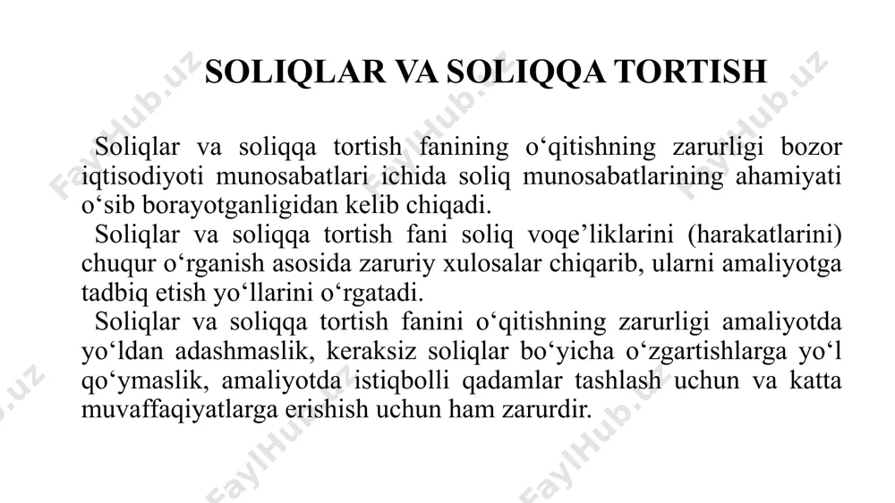 ichik tizimni tashkil etadi, ya’ni soliq elementlari ham bir necha iqtisodiy kategoriyalami yaxlit holdagi harakatini bildiradi. soliq elementlari bir nechta tushunchalardan iborat bo‘lib, ular tarkiban: soliq sub’ekti soliq obyekti soliq predmeti soliq manbai soliqqa tortish birligi soliq stavkasi soliq imtiyozlari soliq normasi soliqni to‘lash muddatlari soliq yuki soliq bazasini hisoblash usullari soliqqa tortish usullari o‘zbekiston respublikasida soliqlar va yig‘imlar tizimi amaldagi soliq kodeksinining 16-moddasiga asosan soliq deganda soliq kodeksda belgilangan, o‘zbekiston respublikasining davlat budjetiga yoki davlat maqsadli jamg‘armasiga to‘lanadigan majburiy beg‘araz to‘lov tushuniladi. yig‘im deganda budjet tizimiga soliq kodeksda yoki boshqa qonunchilik hujjatlarida belgilangan majburiy to‘lov tushuniladi, bu yig‘imning to‘lanishi uni to‘lovchi shaxsga nisbatan vakolatli organ yoki uning mansabdor shaxsi tomonidan yuridik ahamiyatga ega harakatlarni amalga oshirish, shu jumladan unga muayyan huquqlarni yoxud ruxsat etuvchi hujjatlarni berish shartlaridan biri bo‘ladi. shaxsning zimmasiga sud tartibida yuklatilgan jarimalar va boshqa to‘lovlar, shuningdek qonunda belgilangan hollarda mol-mulkni musodara qilish hamda boshqacha tarzda olib …
