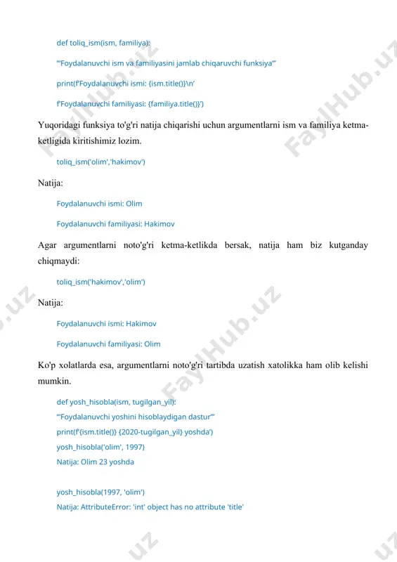 tib ketishimiz mumkin. agar foydalanuvchi shu parametr uchun qiymat (argument) kiritmasa, funksiya bajarilishi jarayonida standart qiymat ishlatiladi. standart qiymatni funksiya yaratish vaqtidaparametr = qiymat ko'rinishida beriladi. def yosh_hisobla(tugilgan_yil, joriy_yil=2020): # joriy yil uchun st.qiymat 2020 ‘‘‘foydalanuvchi tug'ilgan yilidan uning yoshini hisoblaydi’’’ print(f’siz {joriy_yil-tugilgan_yil} yoshdasiz’) yuqoridagi misolda biz joriy_yil parametriga 2020 standart qiymatini berib ketdik. funksiya yaratishda, standart qiymatga ega parametrlar doim oxirida yozilishi kerak. aks holda xatolik yuzaga keladi. keling avval funksiyani ikkala argument bilan chaqiramiz: yosh_hisobla(1995,2020) natija: siz 25 yoshdasiz endi esa faqat bitta argument (tugilgan_yil) bilan chaqiramiz: yosh_hisobla(1993) natija: siz 27 yoshdasiz bu safar foydalanuvchi joriy_yil ni kiritmagani sababli, standart qiymat, 2020 ishlatildi. funksiyaga murojat qilishda xatoliklar funksiyalarga murojat qilishda turli xatoliklarga yo'l qo'shimiz tabiiy. bunday holatlarda python qaytargan xatoni sinchiklab o'qib, xato qayerdaligini topishimiz va uni to'g'rilashimiz zarur. quyida men avvalroq yaratgan funksiyalarimizni xato usullar bilan chaqiraman. xato nimada ekanini topa olasizmi? amaliyot · 1. foydalanuvchi ismi …