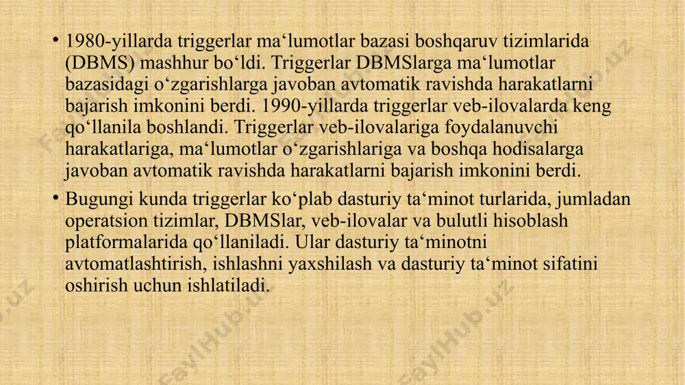 latiladi. d-trigger d-trigger— bu raqamli elektronikaning muhim elementlaridan biri bo‘lib, u bitta kirish (d) va ikkita chiqish (q va q‘) ga ega. d-trigger ma‘lumotlarni saqlash va uzatish uchun ishlatiladi, asosan vaqtli tizimlarda. asosiy tushunchalar: 1. kirish: • d (data): ushbu kirish orqali triggerga kiritilayotgan ma‘lumot. 2. chiqishlar: • q: triggerning hozirgi holatini ko‘rsatadi. • q‘: q chiqishining teskari holati (agar q = 1 bo‘lsa, q‘ = 0 va aksincha). 3. kirishlar va ish tartibi: • d-trigger odatda qo‘shimcha “clock” (soat) signaliga ega. bu signal triggerning holatini o‘zgartirish uchun ishlatiladi. • d-trigger faqat soat signalining yuqori holatida d kirishidagi qiymatini q chiqishiga o‘tkazadi. holatlar clock = 1: • agar d = 1 bo‘lsa, q = 1 va q‘ = 0. • agar d = 0 bo‘lsa, q = 0 va q‘ = 1. • clock = 0: • q va q‘ holati o‘zgarishsiz qoladi (oldingi holatni saqlaydi). qo‘llanilishi d-triggerlar quyidagi sohalarda …