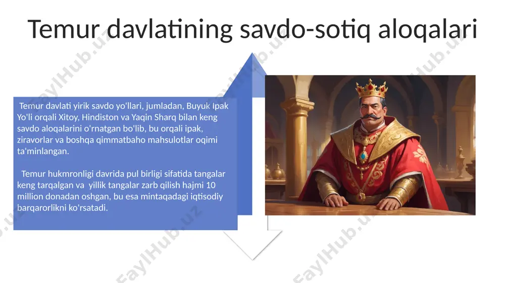 sati mintaqaviy barqarorlikni ta'minlashda muhim rol o'ynagan. amir temur va shaharsozlik amir temur tomonidan qayta qurish va kengaytirish ishlari olib borilgan samarqand, oʻzining arxitekturasi bilan mashhur boʻlgan, masalan, registon maydoni shu davrda shakllangan. uning hukmronligi davrida 100 dan ortiq masjid, madrasa, kutubxona va kasalxonalar qurilgan boʻlib, shaharning madaniy va ilmiy rivojlanishiga katta hissa qoʻshgan. amir temurning adolatli hukmronligi amir temur davrida 100 dan ortiq shaharlar va qishloqlarni qayta qurish va obodonlashtirish bo'yicha keng ko'lamli ishlar amalga oshirilgan bo'lib, bu uning adolatli hukmronligining yaqqol namoyonidir. temur o'zining ko'plab farmonlari va qarorlarida iqtisodiyotni rivojlantirishga, dehqonchilik va hunarmandchilikni qo'llab-quvvatlashga alohida e'tibor qaratgan, bu uning xalq manfaatlarini ustuvor deb bilganligini ko'rsatadi. e'tiboringiz uchun rahmat @taqdimot_robot image4.jpg image5.jpg image6.jpg image7.jpg image8.jpg image9.jpg image10.jpg image11.jpg image12.jpg image13.jpg image14.jpg image15.jpg image16.jpg image17.jpg image3.png image18.jpg image19.jpg image20.jpg image1.jpeg image2.jpeg