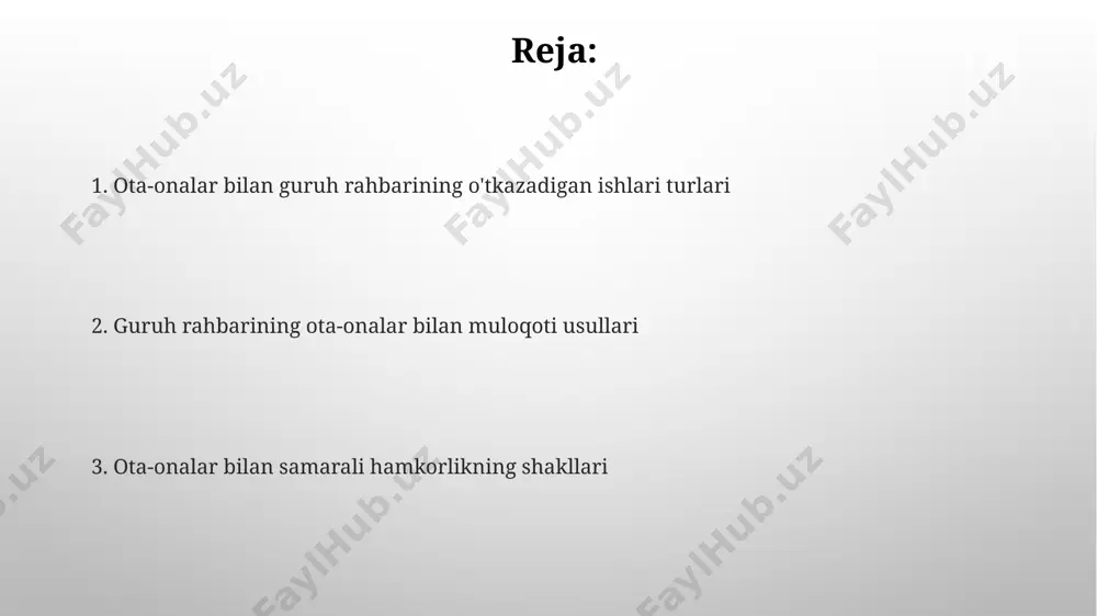 n individual yondashuv qo'llanilishi kerak. muammolarni hal qilish va qarorlar qabul qilish ota-onalarning fikrlarini to'plash uchun "brainstorming" yoki "nominal guruhlar" kabi 2-3 ta turli xil usullardan foydalanish qaror qabul qilish jarayonini samaraliroq qiladi. guruh rahbari ota-onalar bilan muammolarni hal qilishda 3 dan 5 tagacha variantli echimlarni taklif qilib, ularning afzalliklari va kamchiliklarini muhokama qilish orqali konsensusga erishishi mumkin. bolaning rivojlanishi to'g'risida ma'lumot berish bolaning rivojlanishidagi kechikishlarni aniqlash uchun standartlashtirilgan testlardan foydalanish va ota-onalarga ushbu test natijalarini tushuntirish, shuningdek, zarur boʻlganda, mutaxassislarga murojaat qilish boʻyicha tavsiyalar berish. ota-onalarga bolaning yosh xususiyatlariga mos keladigan 5-10 ta amaliy mashqlarni taklif qilish orqali bolaning rivojlanishiga qoʻshilishi va uning bilim, koʻnikma va qobiliyatlarini rivojlantirishga yordam berish. ota-onalar bilan individual suhbatlar ota-onalar bilan individual suhbatlar davomida kamida 3 ta muhim masalani (o‘qishdagi muvaffaqiyatlar, ijtimoiy moslashuv, sog‘liq holati) muhokama qilish va kelgusidagi rejalarni belgilab olish tavsiya etiladi. har bir individual suhbat taxminan 20-30 daqiqa davom etishi va …