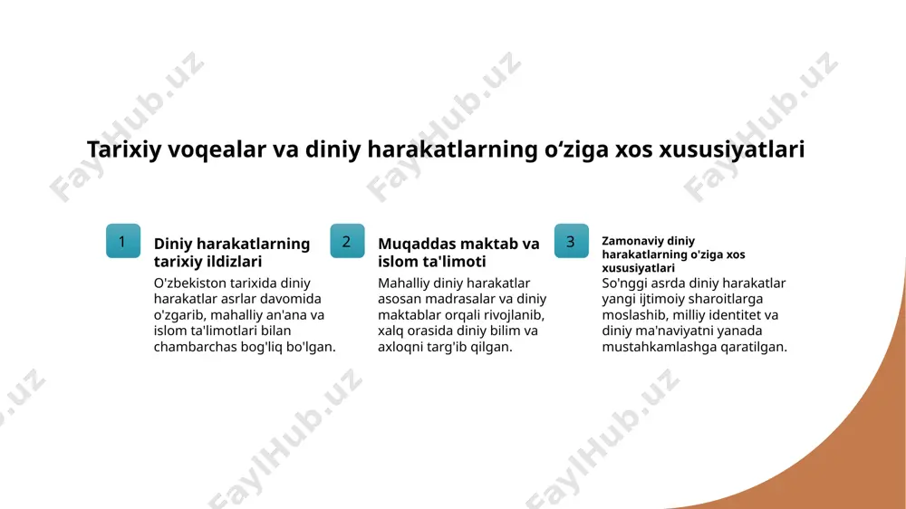 lotlar yangi xavf va imkoniyatlar bilan yuzlashadi, ularning ijtimoiy ta’sirini baholash va muvozanatni saqlash muhim vazifa bo‘lib qoladi. zamonaviy diniy muhitda diniy tashkilotlarning xavf va imkoniyatlari 01 xavfli tendensiyalar zamonaviy diniy muhitda ekstremizm va radikallashuv xavfi ortib bormoqda, bu esa diniy tashkilotlarning barqarorligiga tahdid solmoqda. 02 imkoniyatlar rivoji diniy tashkilotlar yoshlar bilan ishlash, madaniy va ijtimoiy dasturlar orqali jamiyatda ijobiy ta’sir ko’rsatish imkoniyatiga ega. 03 yangi hamkorliklar davlat va nodavlat tashkilotlari bilan hamkorlik, diniy tashkilotlarning resurslarini kengaytirib, ijtimoiy muammolarga yanada samarali yechim topishga yordam beradi. xulosa 01 diniy tashkilotlarning tarixi va roli o'zbekistonda diniy tashkilotlar qadim zamonlardan boshlab rivojlanib, milliy madaniyat va diniy an'analarga asoslangan, jamiyat rivojlanishida muhim rol o'ynaydi. 02 davlat bilan yuridik munosabatlar asoslari diniy tashkilotlar davlat bilan yuridik asosda faoliyat yuritadi, qonunlar bilan muhofaza qilinib, diniy erkinlikni ta'minlash va muvofiqlikni ta'minlaydi. 03 zamonaviy muhit va ijtimoiy ta’sirlar zamonaviy diniy muhitda tashkilotlar yoshlar bilan ishlash, madaniyat va diniy …