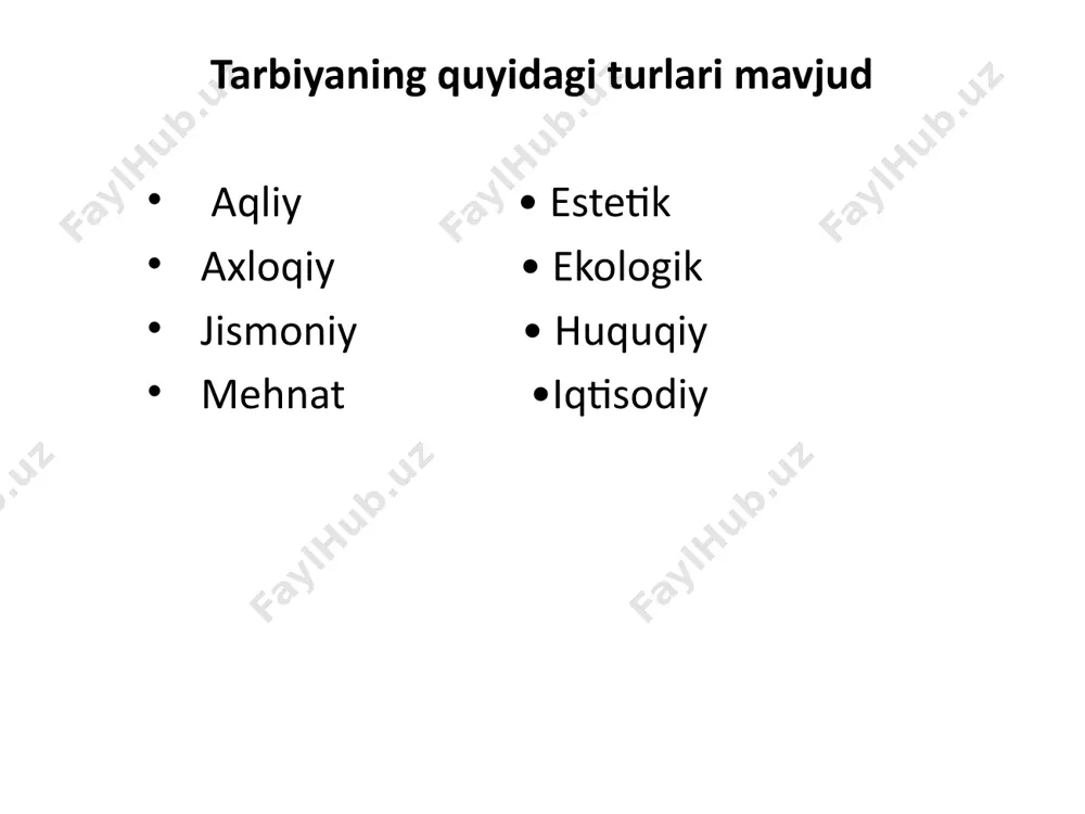 dastlabki ekologik bilimlarni berish, mavjud ekologik bilimlarini boyitish, ularda tabiat va atrof muhit muhofazasini tashkil etish ko‘nikma va malakalarini shakllantirishga qaratilgan pedagogik jarayondir. iqtisodiy tarbiya - o‘quvchilarga iqtisodiy bilimlarni berish, ularda iqtisodiy faoliyat (oila byudjetini shakllantirish, oila xo‘jaligini yuritish, mavjud moddiy boyliklarni asrash, ko‘paytirish, savdo-sotiq munosabatlarini to‘g‘ri tashkil etish va hokazolar)ni tashkil etish ko'nikma va malakalarini shakllantirishdan iborat bo‘lib, ijtimoiy tarbiyaning muhim tarkibiy qismi sanaladi. iqtisodiy tarbiya ta’lim muassasalarida yo‘lga qo‘yilayotgan iqtisodiy ta’lim bilan chambarchas holda olib boriladi. iqtisodiy tarbiyani tashkil etishda oila, ta’lim muassasasi va jamoatchilikni mustahkam hamkorlikka tayanish ijobiy natijalarni kafolatlaydi. e'tiboringiz uchun rahmat!