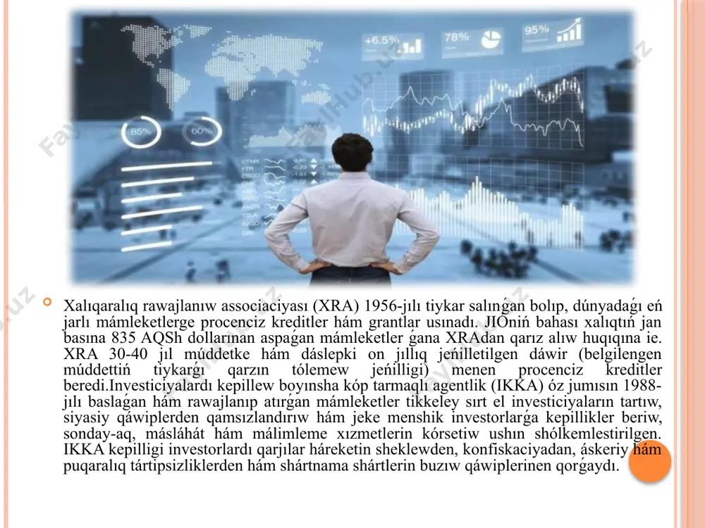 rıw ushın strategiyalıq birge islesiwdi támiyinleydi.qarjılandırıw usılları tómendegilerdi óz ishine aladı, atap aytqanda: kapital hám payda alıwda qatnasıw, lizing, biraz qayta satıw hám basqalar.1999-jılı tiykar salınǵan xalıqaralıq islam sawda hám qarjı korporaciyası (xismk) islam rawajlanıw bankiniń avtonom bólimi esaplanadı. onıń tiykarǵı wazıypası pútkil islam dúnyasındaǵı adamlardıń ekonomikalıq jaǵdayı hám turmıs tárizin jaqsılaw maqsetinde sawdanı rawajlandırıwdan ibarat. xalıqaralıq finans shólkemleri (xmsh) - xalıqaralıq finans tarawında mámleketler aralıq (xalıqaralıq) pitimler tiykarında dúzilgen institutlar. xalıqaralıq finans shólkemleriniń qatnasıwshıları tómendegiler bolıp esaplanadı: jáhán ekonomikasınıń jaǵdayı, tendenciyaları hám rawajlanıw faktorlarınıń analizi; jáhán ekonomikasın tártipke salıw, xalıqaralıq sawdanı qollap-quwatlaw hám xoshametlew maqsetinde global valyuta hám fond bazarındaǵı operaciyalar; investiciyalıq iskerlik (xalıqaralıq hám ishki milliy joybarlarǵa baǵdarlanǵan kreditler); mámleketlik joybarlardı kreditlew; xalıqaralıq járdem baǵdarlamaların qarjılandırıw; ilimiy izertlewlerdi qarjılandırıw; házirgi kúnde finans bazarın kommerciyalıq bankler tárepinen investiciya hám emissiya iskerligin rawajlandırıw bir tegis hám qáwipsiz aylanısta bolıwı ushın usı tarawǵa baylanıslı nızamshılıq normaların dáwir talapları dárejesinde islep shıǵıw …