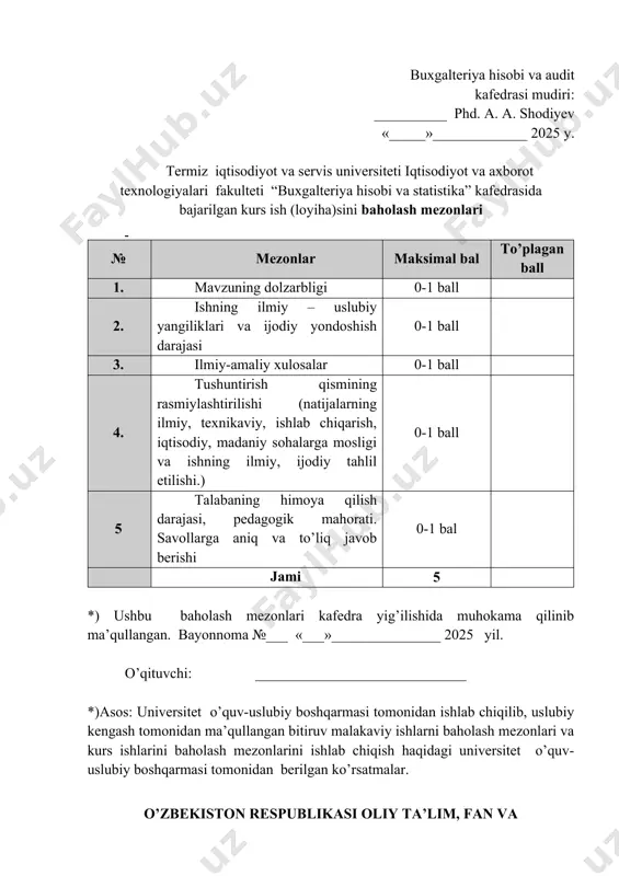 ishi_____________________________________ ____________________________________________________________________________________________________________________________________ 5. qo’shimcha vazifa va ko’rsatmalar ____________________________________________________________________________________________________________________________________ 6. kurs (ishi) loyihasini bajarish rejasi _____________________________________________________________ 1 2 3 4 5 himoyalandi rahbar _________________________________________________ (imzo) termiz iqtisodiyot va servis universiteti kurs ishi (loyihasi) ga t a q r i z talaba___________________________________________________________________ (ismi va familiyasi) mavzu___________________________________________________________________ _________________________________________________________________________ 1. mavzuning dolzarbligini asoslash_________________________________________ __________________________________________________________________________________________________________________________________________________ 2. ishning tarkibini baholash_____________________________________________________ __________________________________________________________________________________________________________________________________________________ 3. mavzuning baholanishi va uning afzallik tomonlarini ko’rsatish________________________ _________________________________________________________________________ ishda foydalanilgan adabiyotlarga baho berish_______________________________________ _________________________________________________________________________ 4.ilmiy munozara yuritish qobiliyatiga baho berish_____________________________________ _________________________________________________________________________ 5. xulosa va takliflarning ochiqligi va dalillari asoslanganligi___________________________ _________________________________________________________________________ 6. jadval va grafiklar, chizmalar sifati