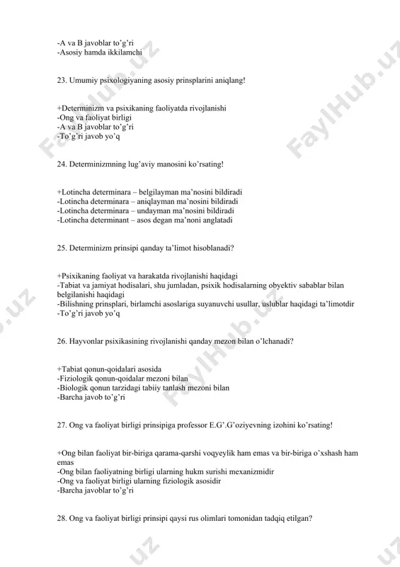 ziyev -v.m.karimova -to’g’ri javob yo’q 36. uzoq vaqt bir shaxsni (kichik guruhni) kuzatish unda paydo bo’layotgan yangi fazilatlarning rivojlanish dinamikasi to’g’risidagi mukammal ma’lumotlar to’plash imkonini beradi deb qaysi olim ta’rif bergan? +e.g’.g’oziyev -g’.b.shoumarov -v.m.karimova -vigotskiy 37. ikki yoki undan ortiq kishilar o’rtasidagi axborot ayriboshlash o’zaro ta’sir va bir-birini tushunishdan iborat jarayon bu ………… +afaziya -muloqot -refleksiya -kommunikasiya 38. eshitish sezgisi qanday vujudga keladi. +ko’rish orqali. -bosh miyadan chiquvchi segmentar qismi orqali. -orqa miyadan chiquvchi segmentlar qismida. -eshitish va tovush apparatlari tarkiblarining yaqin ishtirokiga ko’ra. 39.ekstroreseptiv sezgilar modallikdan tashqari yana qanday turkumlarga ajratiladi. +interoseptiv. -destibulyator. -intermodal nospesifik. -proproreseptiv, interoseptiv. 40.shaxslararo shaxsiy guruhiy ommaviy kommunikasiyalar muloqotning qaysi jarayonini ifodalaydi +funksiyalari -turlari -operasiyalari -tomonlari 41.shaxs va jamiyat munosabatlarini o’rganuvchi psixologiya sohalari qaysi qatorda to’g’ri ko’rsatilgan. +sud psixologiya, ijtimoiy psixologiya, shaxs psixologiyasi, din psixologiyasi -harbiy psixologiya, ijtimoiy psixologiya, shaxs psixologiyasi, din psixologiyasi -ijtimoiy psixologiya, shaxs psixologiyasi, din psixologiyasi, instinktiv psixologiya -ijtimoiy psixologiya, aviasiya psixologiya, …